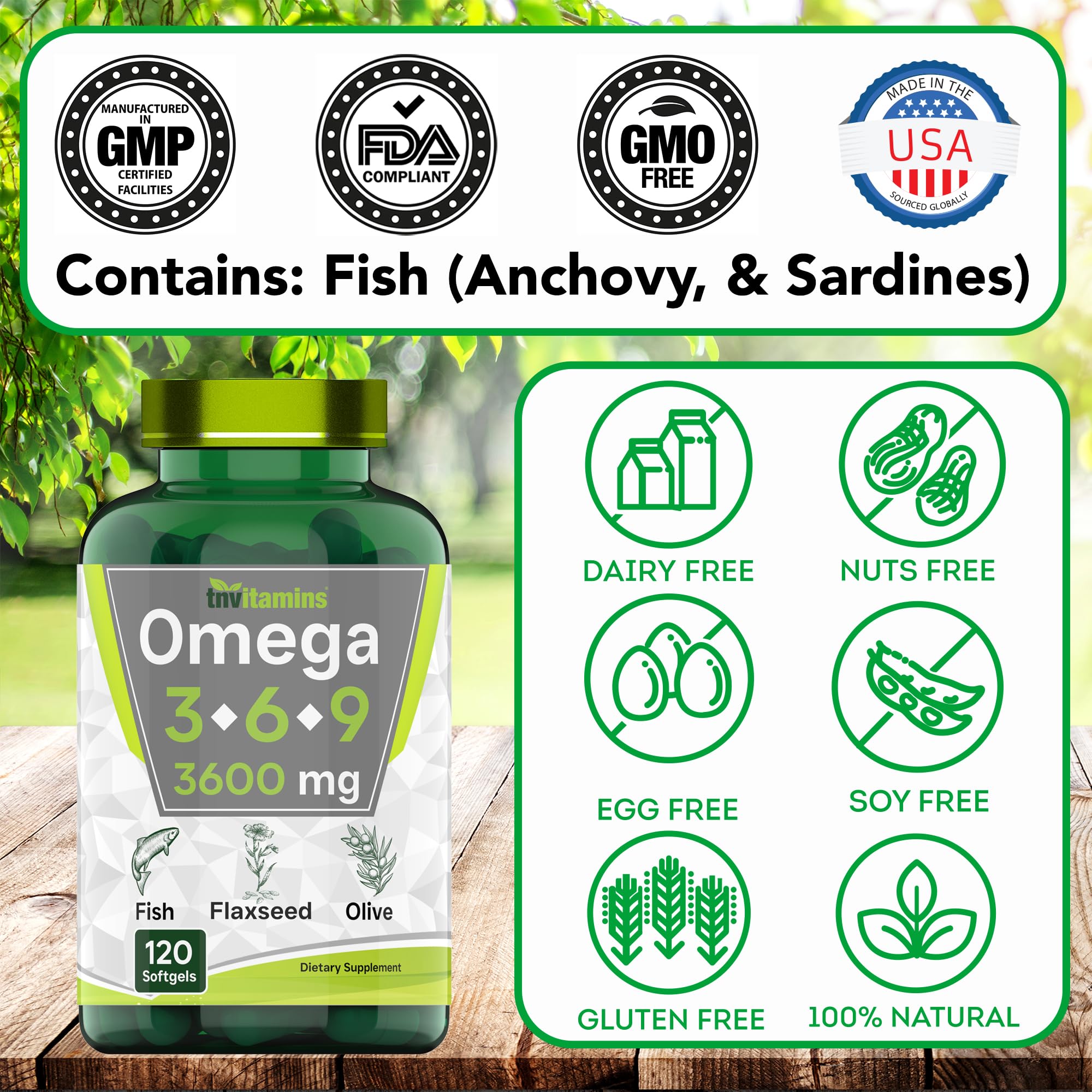 TNVitamins Triple Omega 3-6-9, cápsulas suaves para consumo diario.