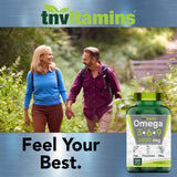 TNVitamins Triple Omega 3-6-9, envase transparente muestra la cantidad de cápsulas.