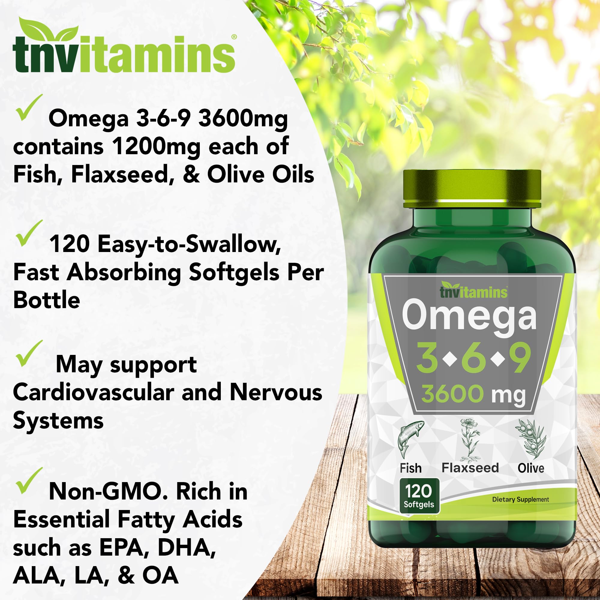 TNVitamins Triple Omega 3-6-9, etiqueta frontal legible para verificar ingredientes.