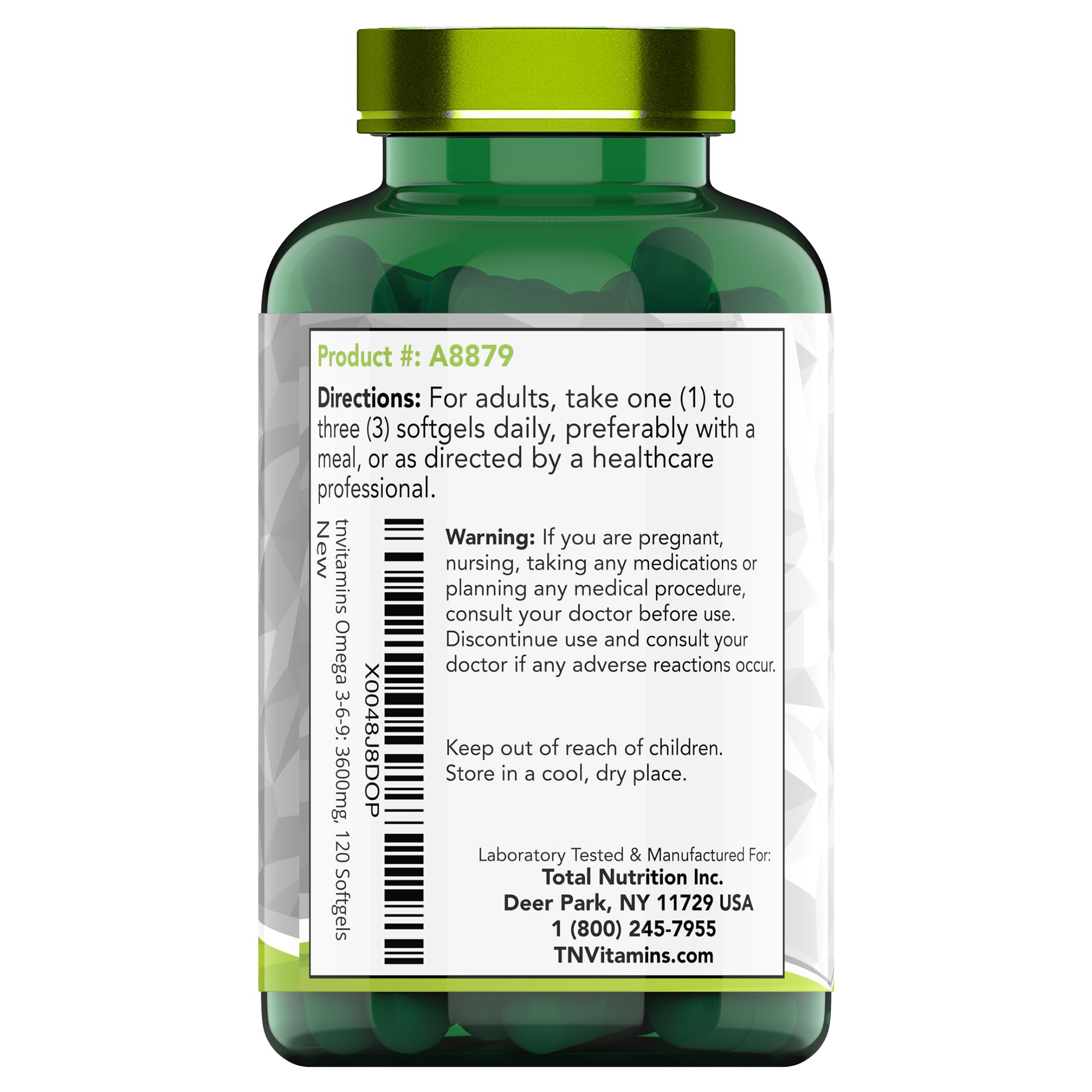 TNVitamins Triple Omega 3-6-9, uso diario para bienestar general.