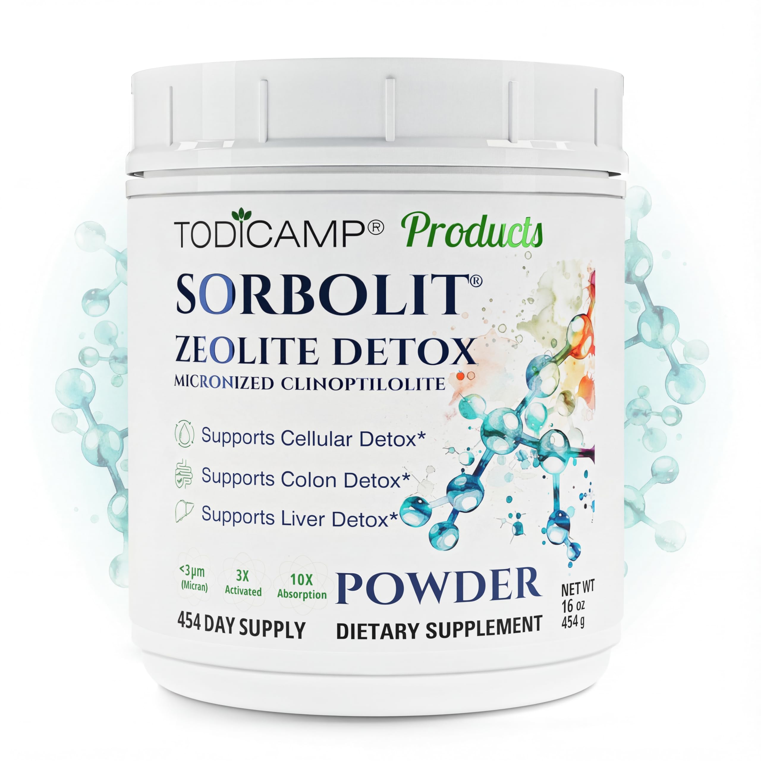 Todicamp Zeolita Sorbolit, vertido de la botella, posible apoyo a la desintoxicación corporal.