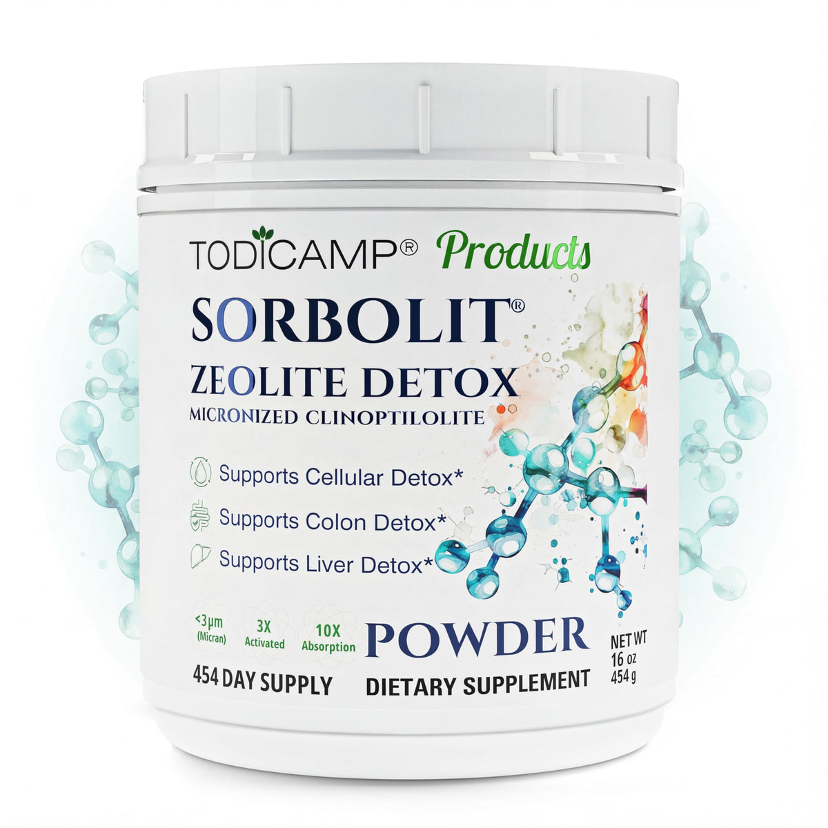 Todicamp Zeolita Sorbolit, vertido de la botella, posible apoyo a la desintoxicación corporal.
