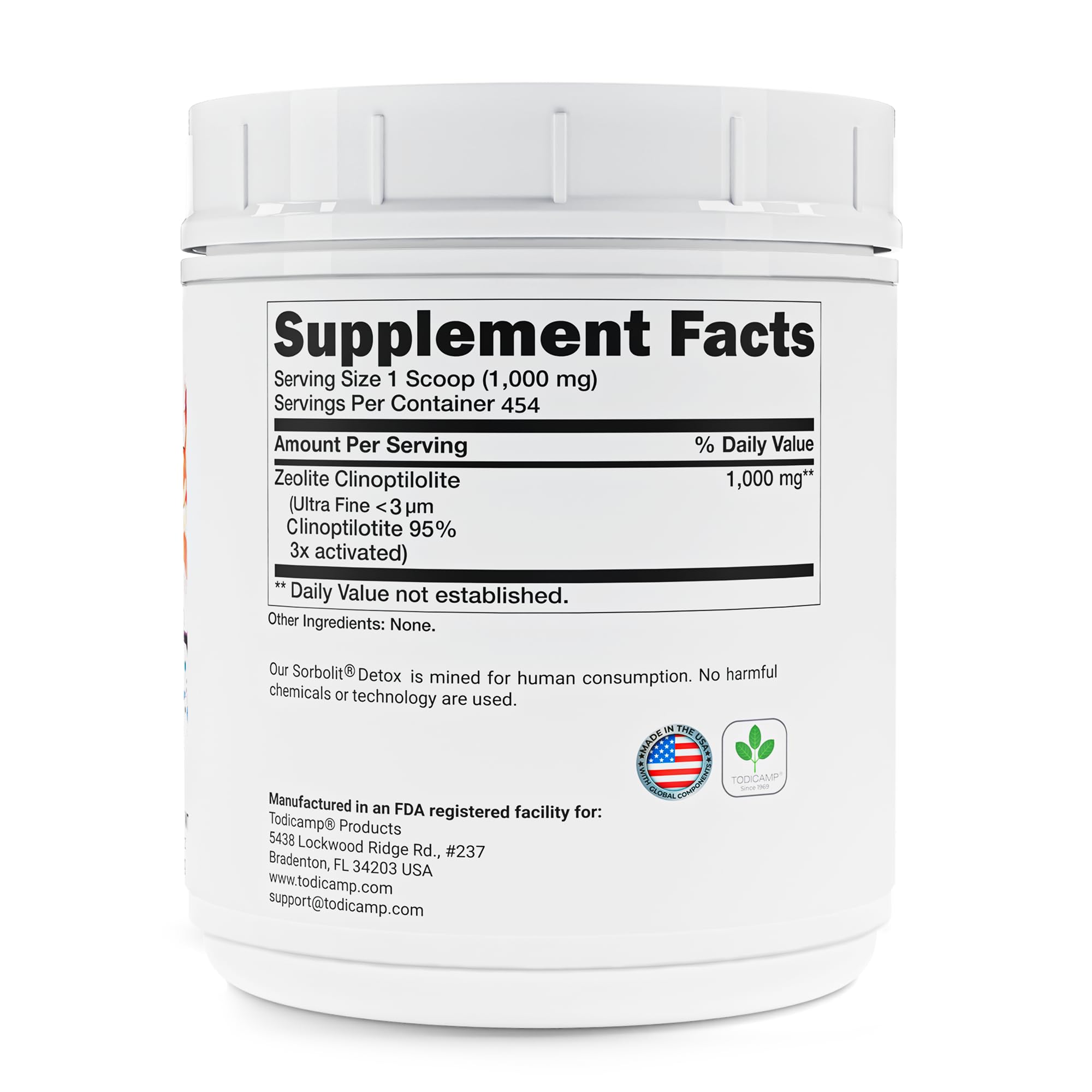 Todicamp Zeolita Sorbolit, vaso con mezcla, posible apoyo para funciones digestivas.