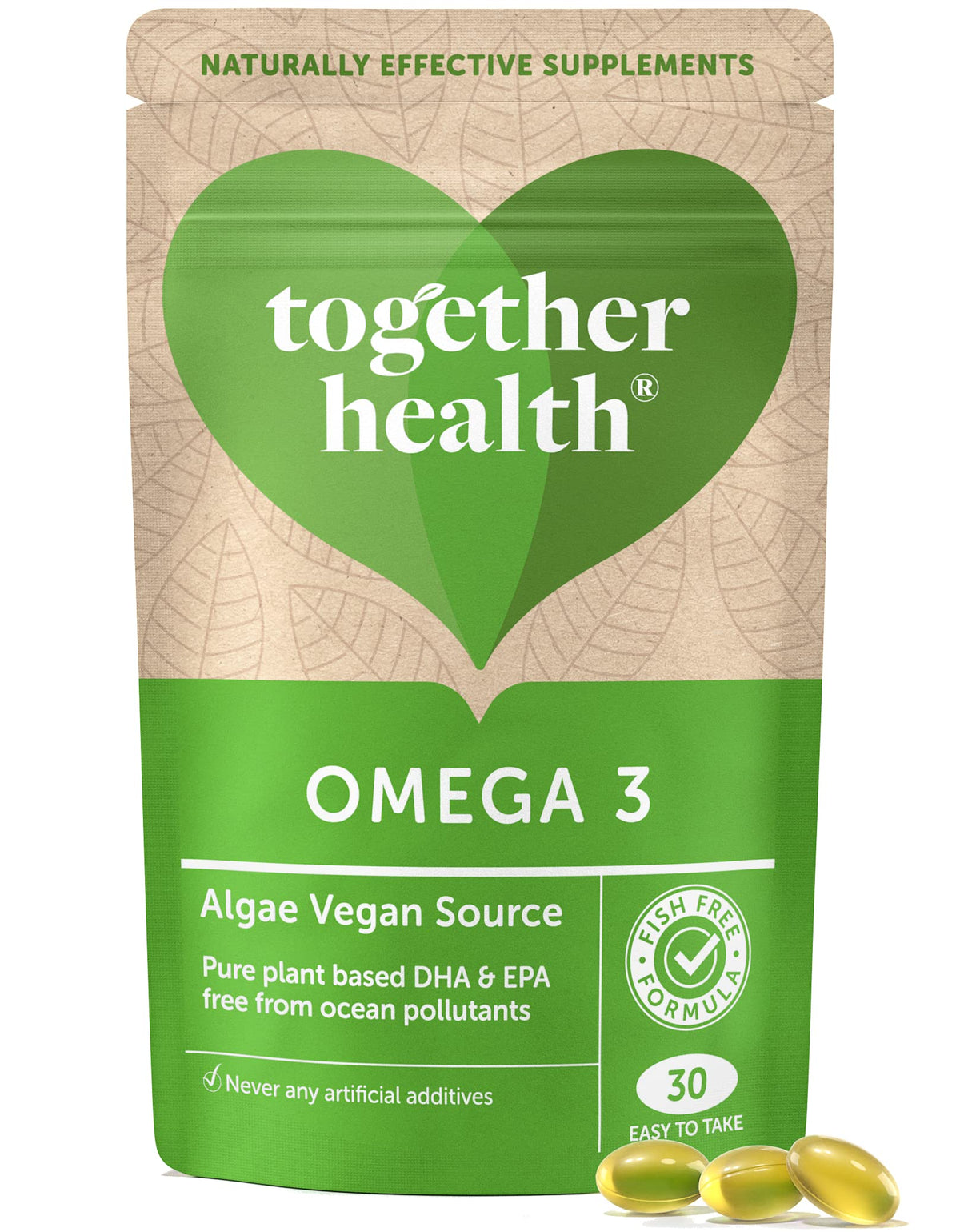 Together Omega 3 de algas: cápsulas suaves en botella, fuente DHA y EPA.