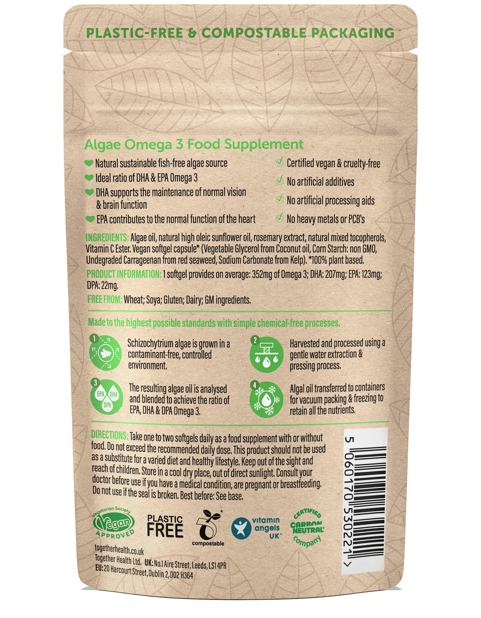 Together Omega 3 de algas: etiqueta frontal, fuente natural de DHA/EPA.