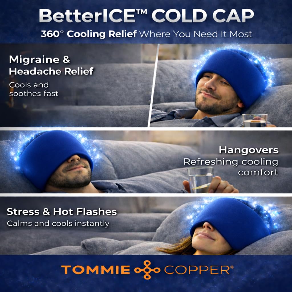 Tommie Copper BetterICE Cap, vista lateral, cobertura 360° para enfriar frente y sienes.