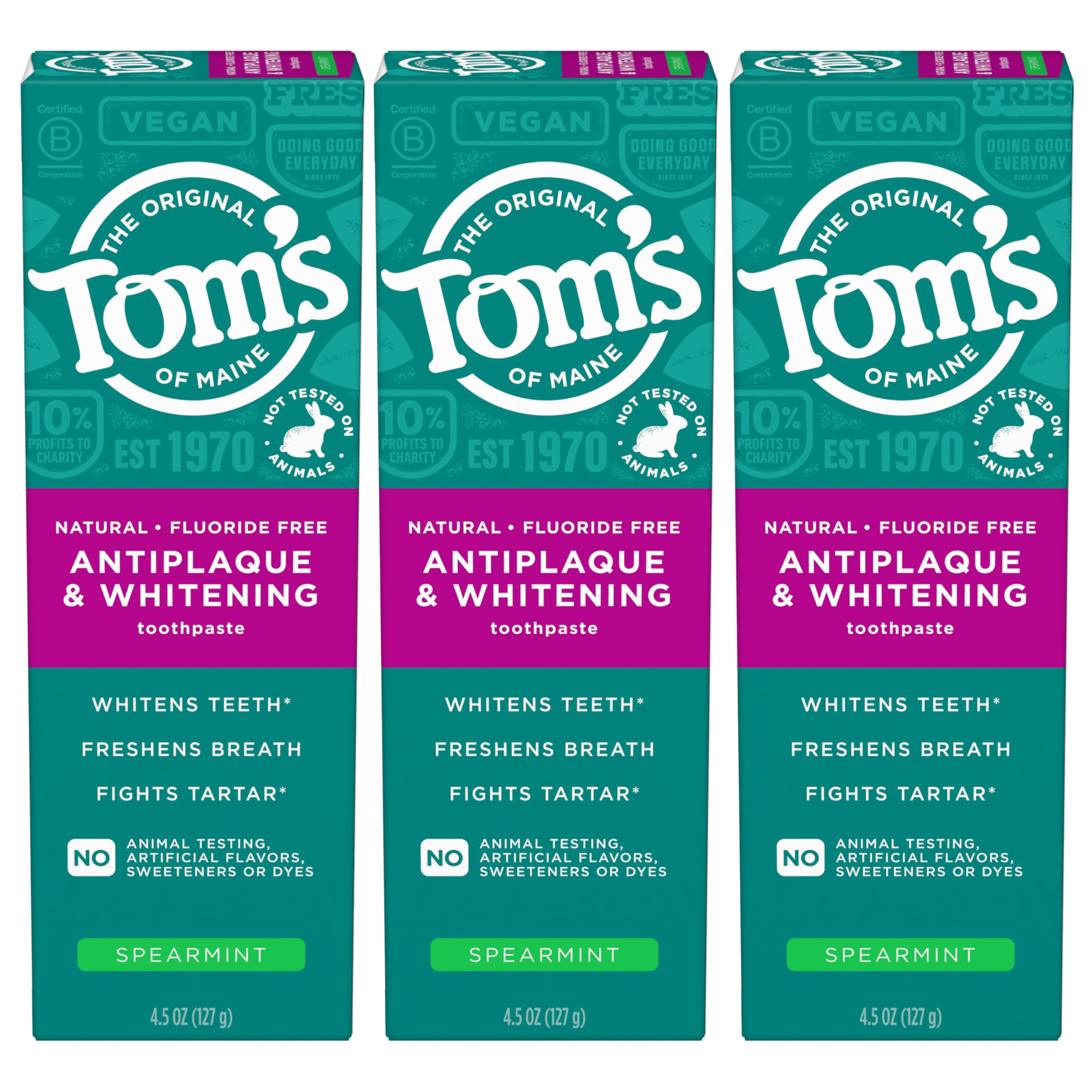 Empaque práctico de tres pastas dentales menta verde de Tom’s of Maine