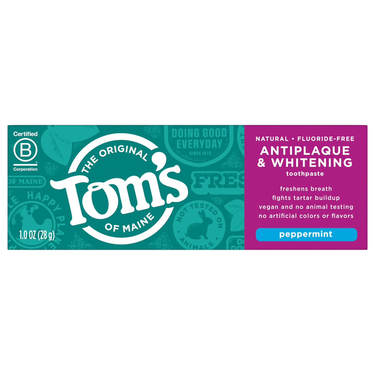Tom's of Maine pasta dental sin fluoruro antiplaque blanqueadora, tubo 1oz, mentolada para uso diario.