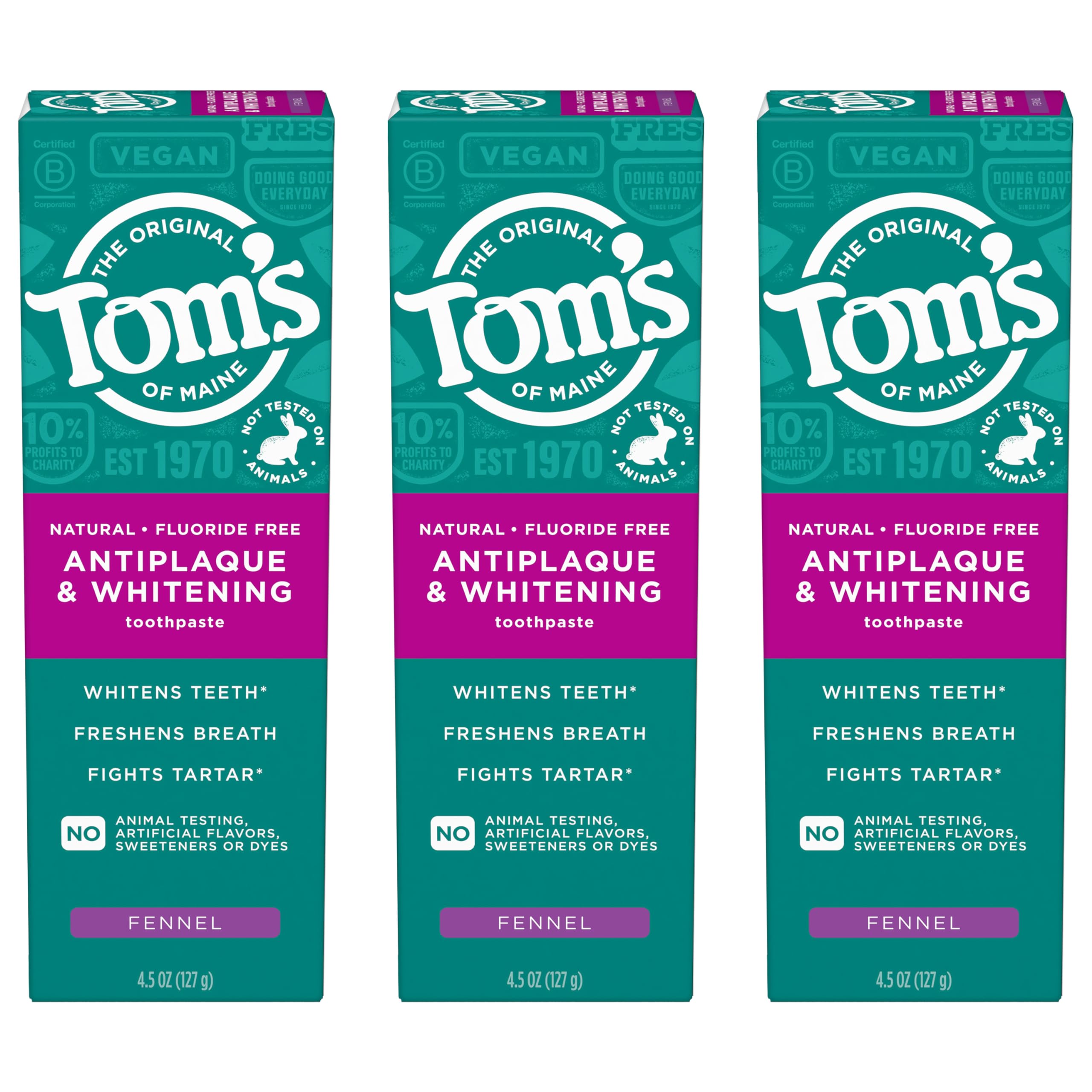 Tom's of Maine antiplaque y blanqueante, sabor hinojo, tubos 3pack.