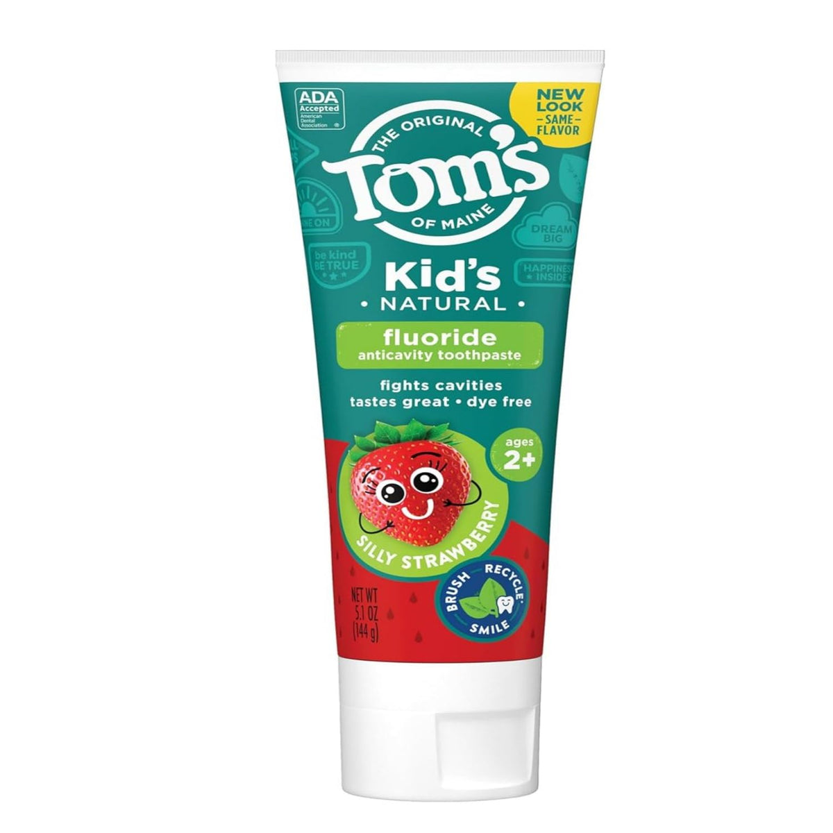 Tom's of Maine dentífrico infantil fresa divertida, empaque frontal para niños.