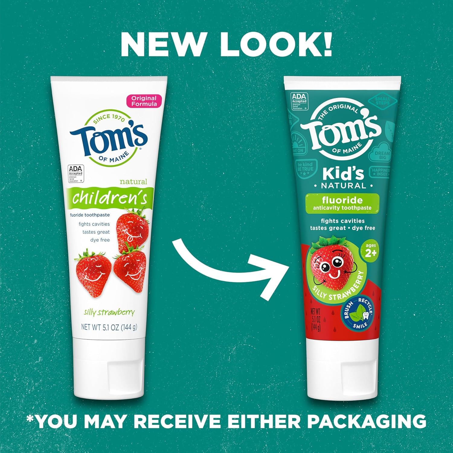 Tom's of Maine dentífrico infantil fresa divertida, detalle del tubo para uso diario.