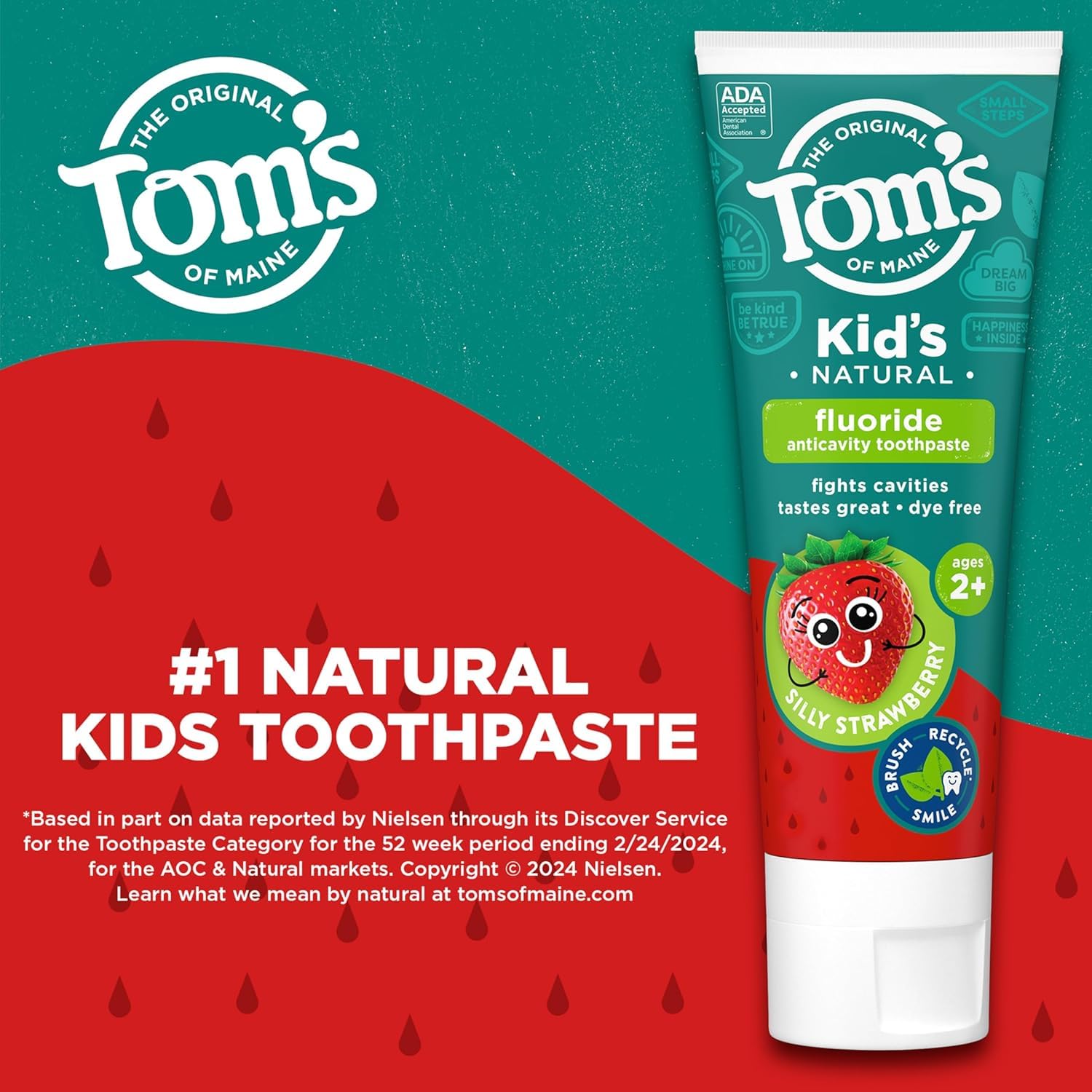 Tom's of Maine dentífrico infantil fresa divertida, tubo reciclable para envases responsables.
