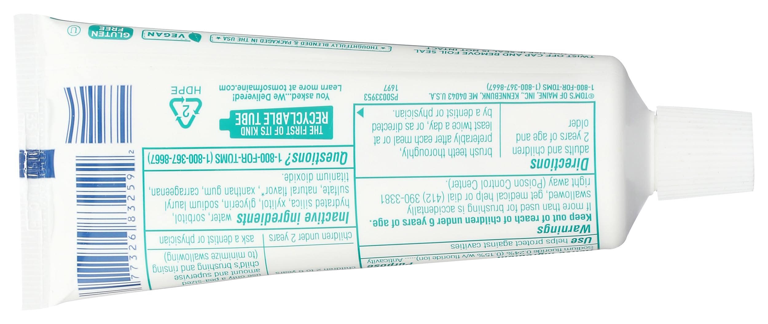 Etiqueta natural de Tom's of Maine sin edulcorantes artificiales para uso diario.