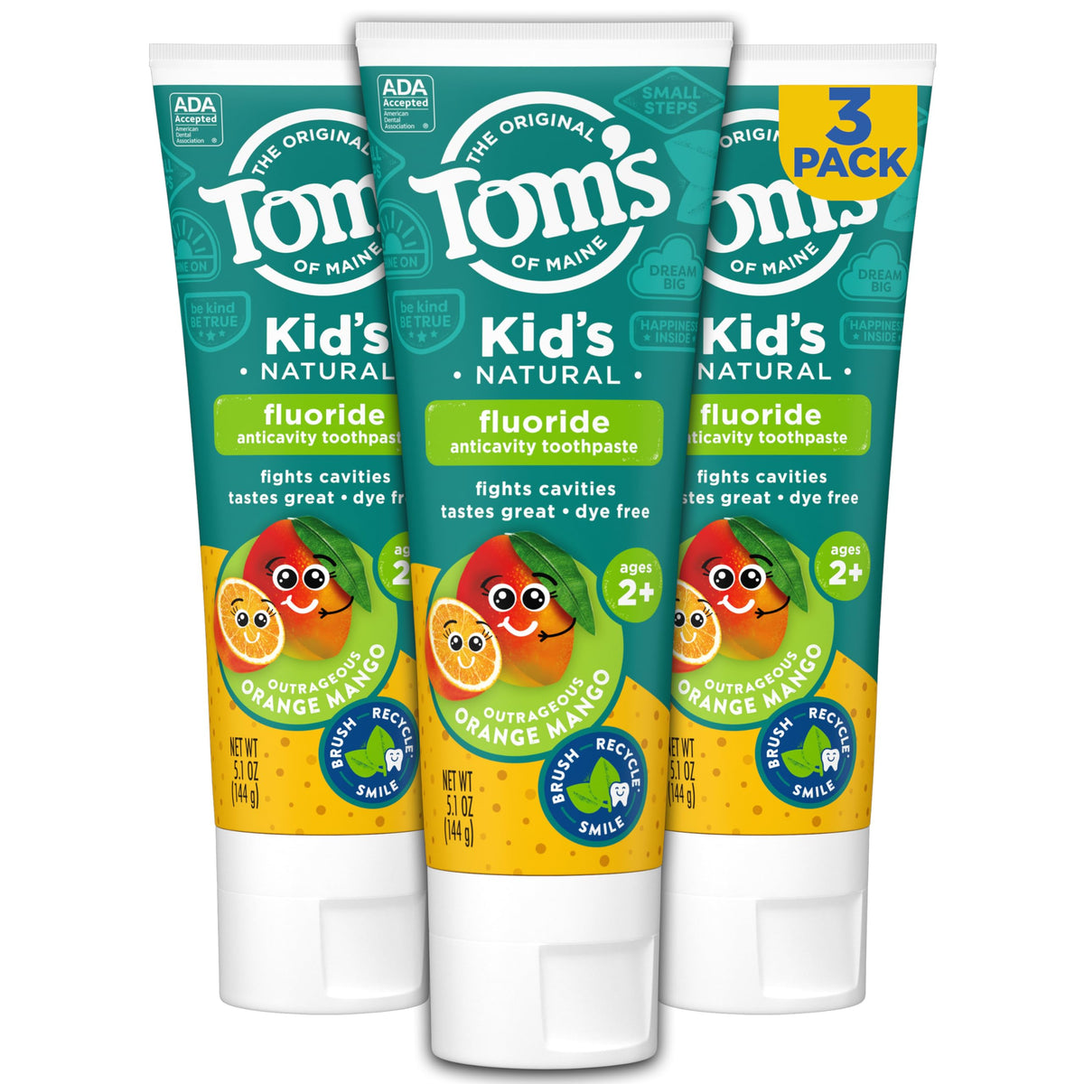 Tom's of Maine niños pasta dental con fluoruro, sabor naranja mango, pack de 3 tubos