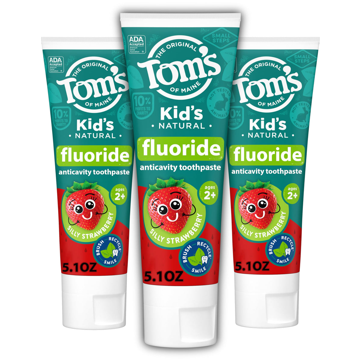 Tom's of Maine para niños, caja con tres tubos de pasta con fluoruro para protección.