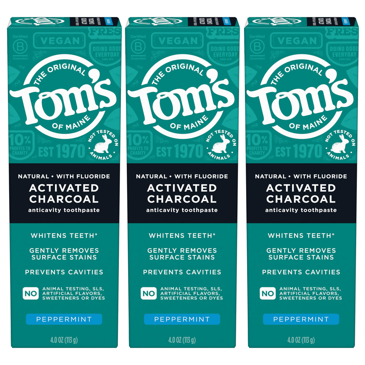 Tom's of Maine pasta dental con carbón activado y menta, tres tubos para uso diario.