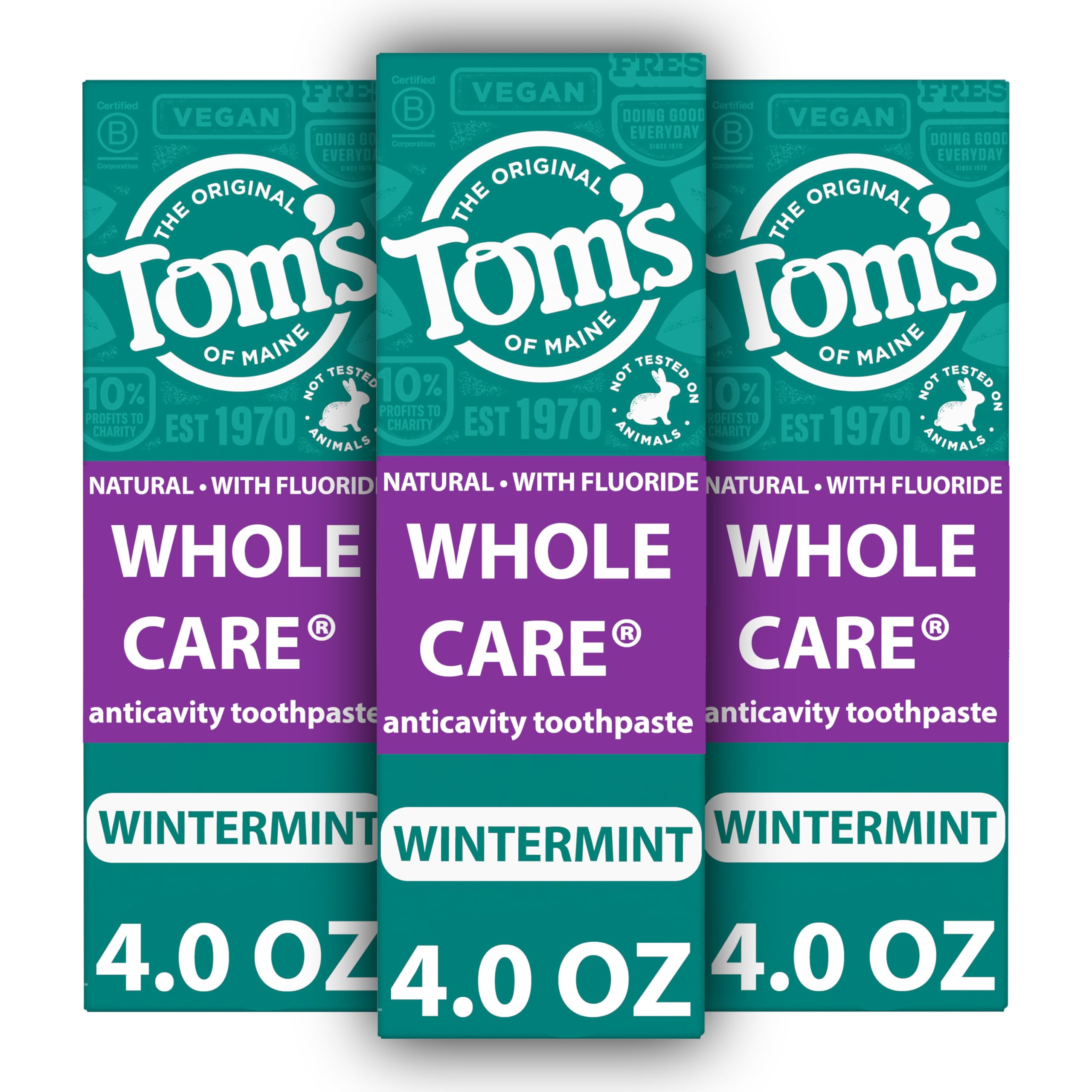 Tom's of Maine Whole Care con Wintermint en paquete de tres tubitos para uso diario.