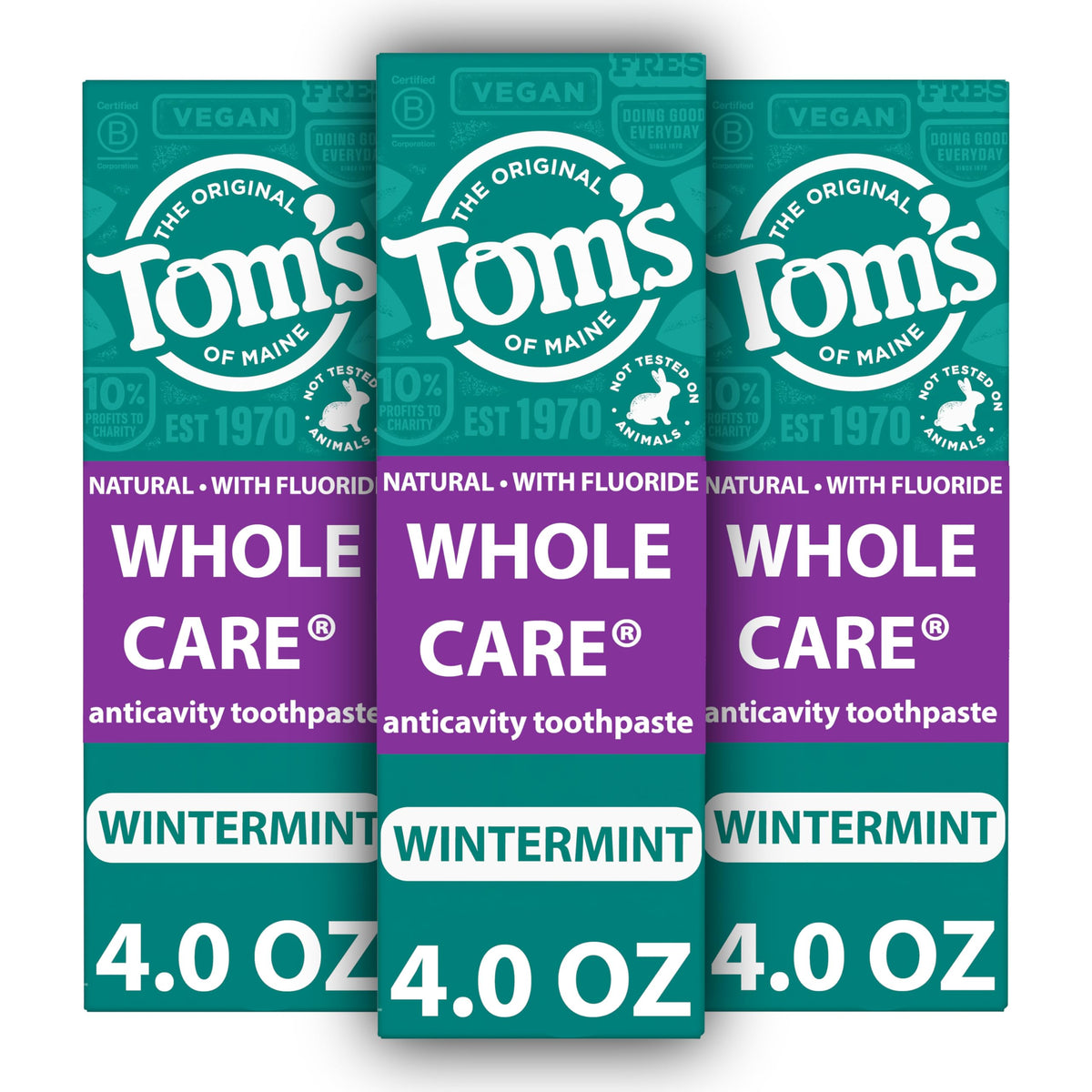 Tom's of Maine Whole Care con Wintermint en paquete de tres tubitos para uso diario.