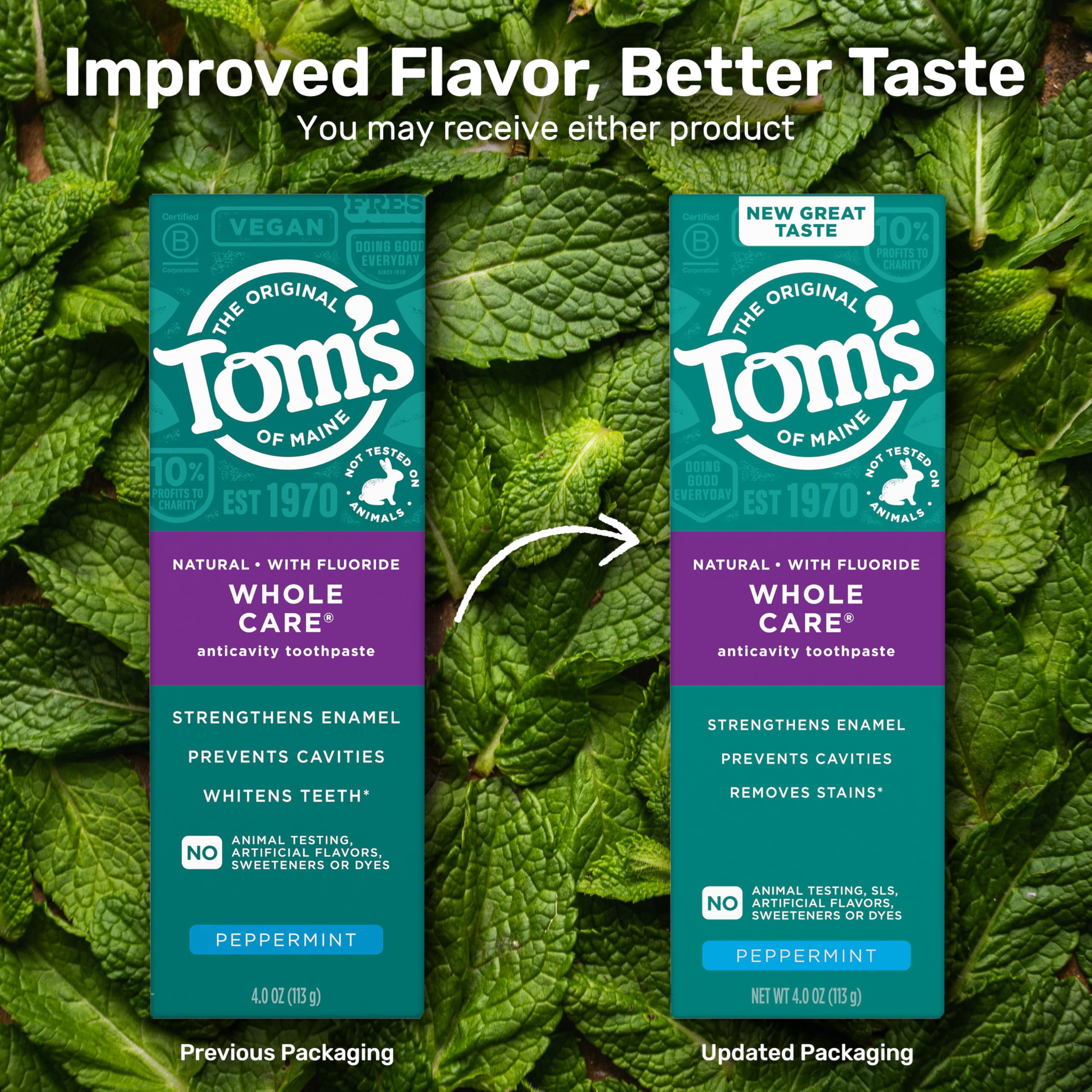 Empaque reciclable de Tom's of Maine Whole Care para cuidado sostenible