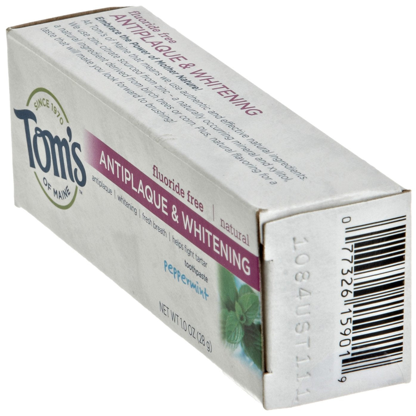 Pasta dental Tom's of Maine con ingredientes naturales y zinc citrato para uso diario.