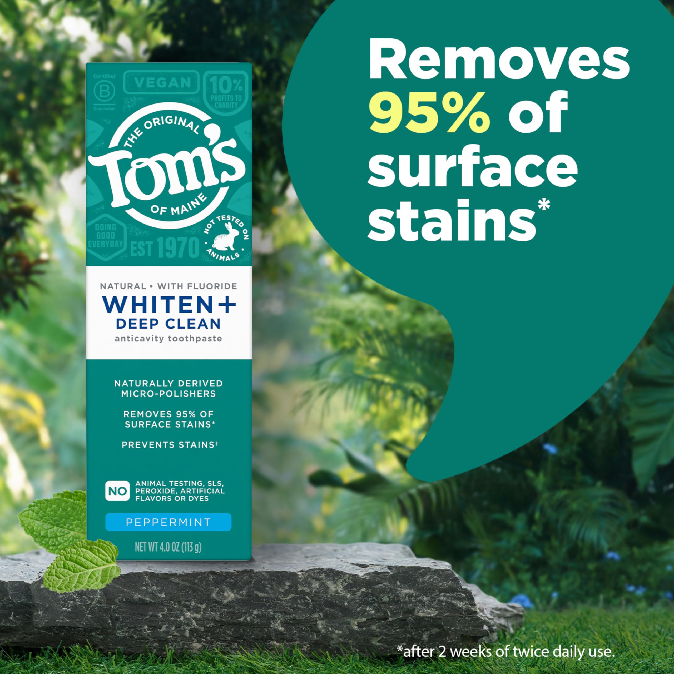 Tom’s of Maine Whiten Plus Deep Clean: empaque natural y libre de pruebas en animales.