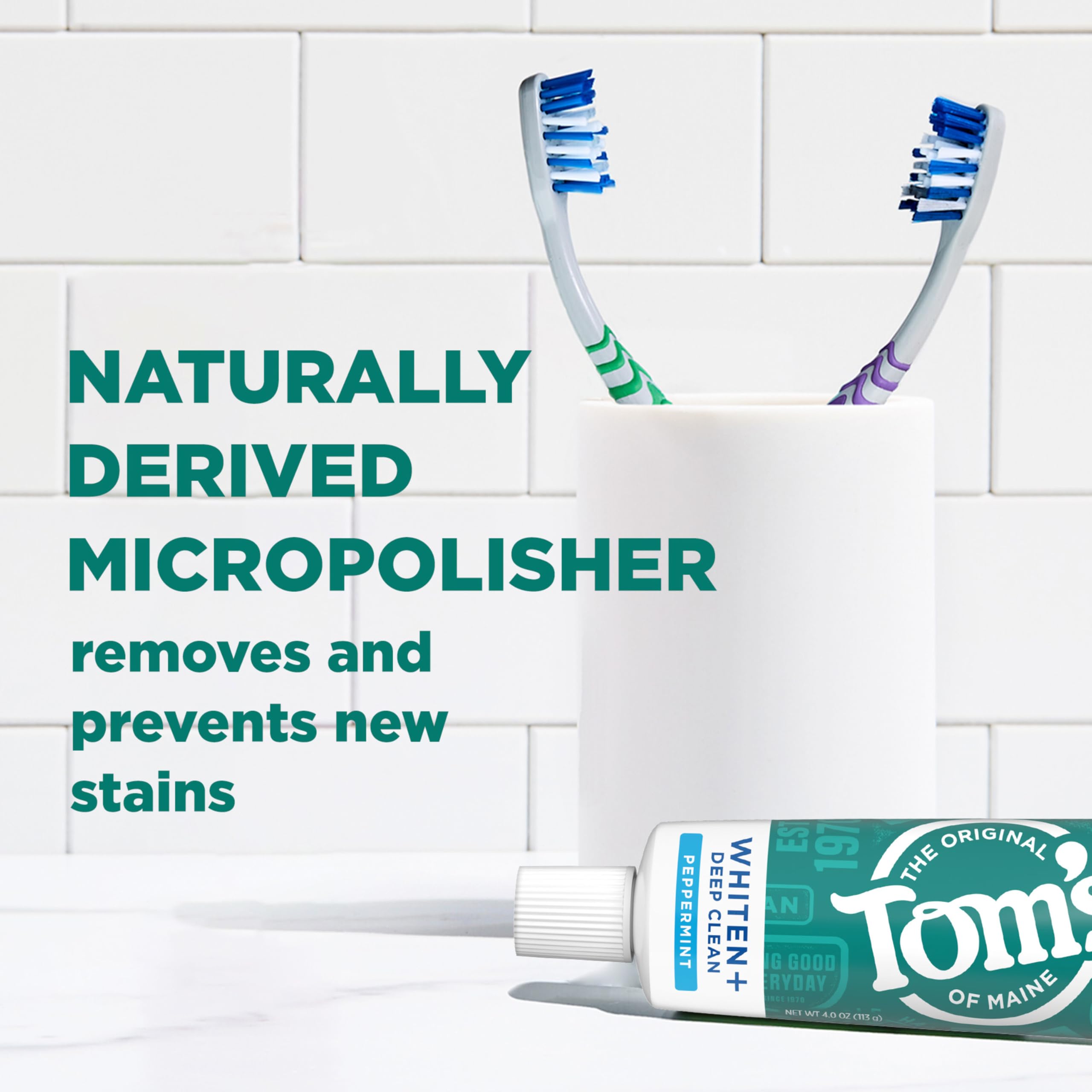 Tom’s of Maine Whiten Plus Deep Clean: fresca sensación de menta y aliento más largo.