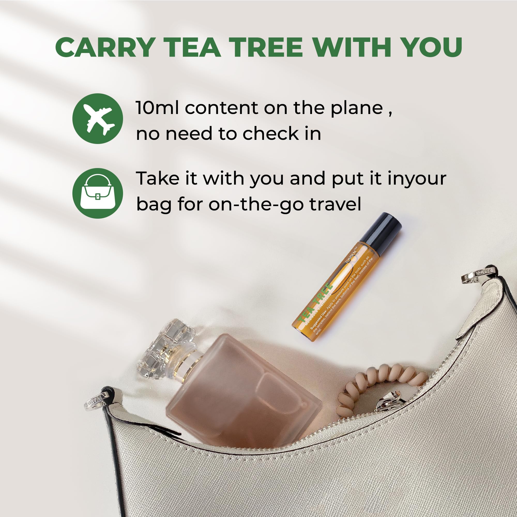 TOMSEM Aceite de Árbol de Té Roll-On: uso en cuero cabelludo para limpieza y brillo natural.