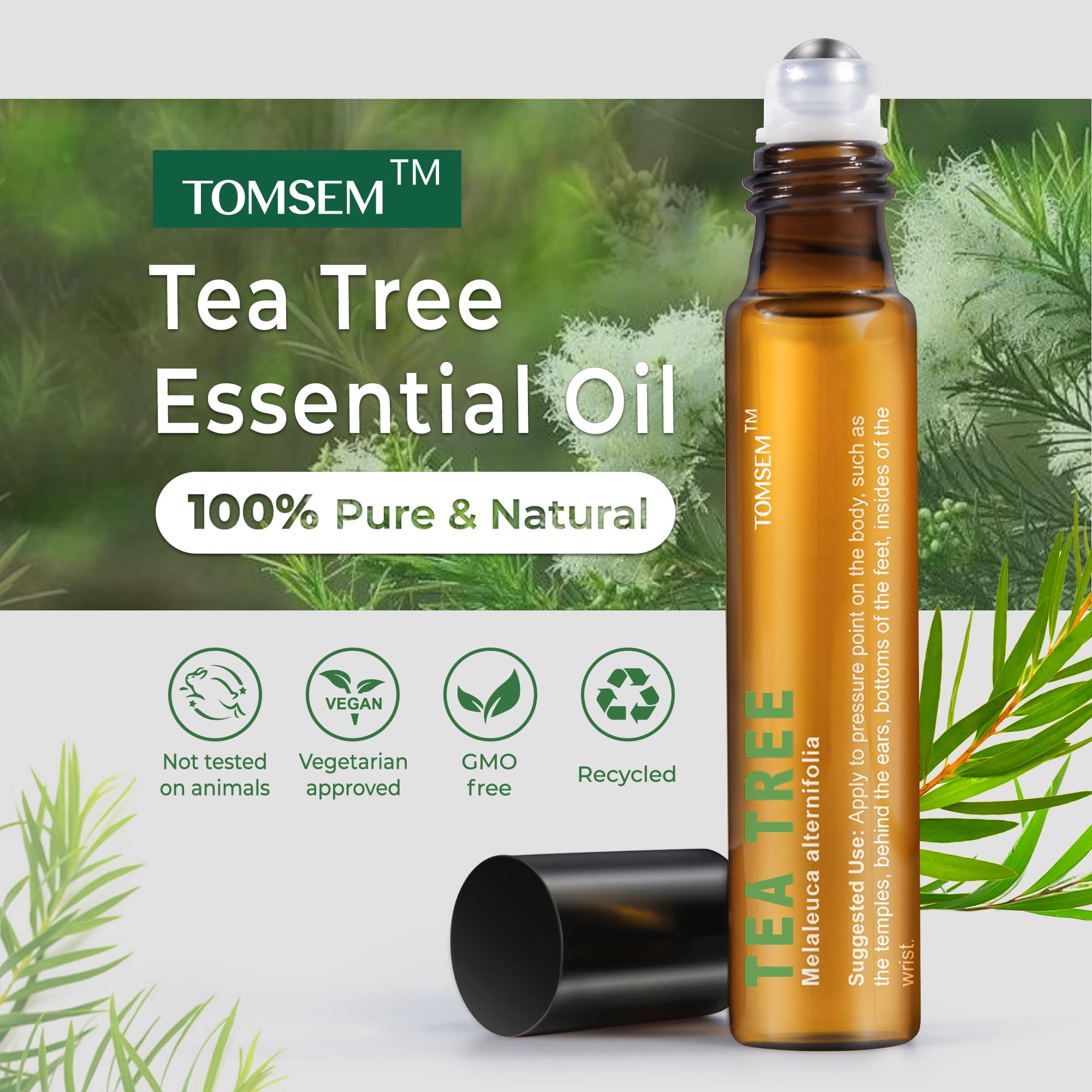 TOMSEM Aceite de Árbol de Té Roll-On: aplicación en piel para refrescar y limpiar suavemente.