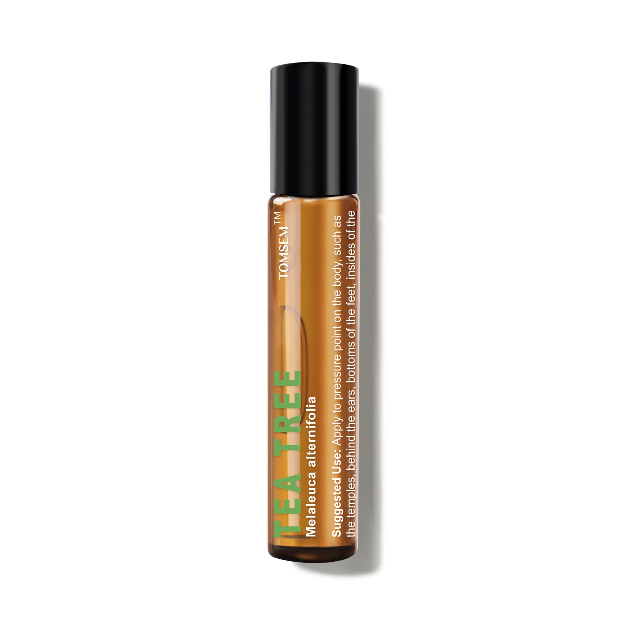 TOMSEM Aceite de Árbol de Té Roll-On: botella elegante para uso tópico suave y aromaterapia natural.