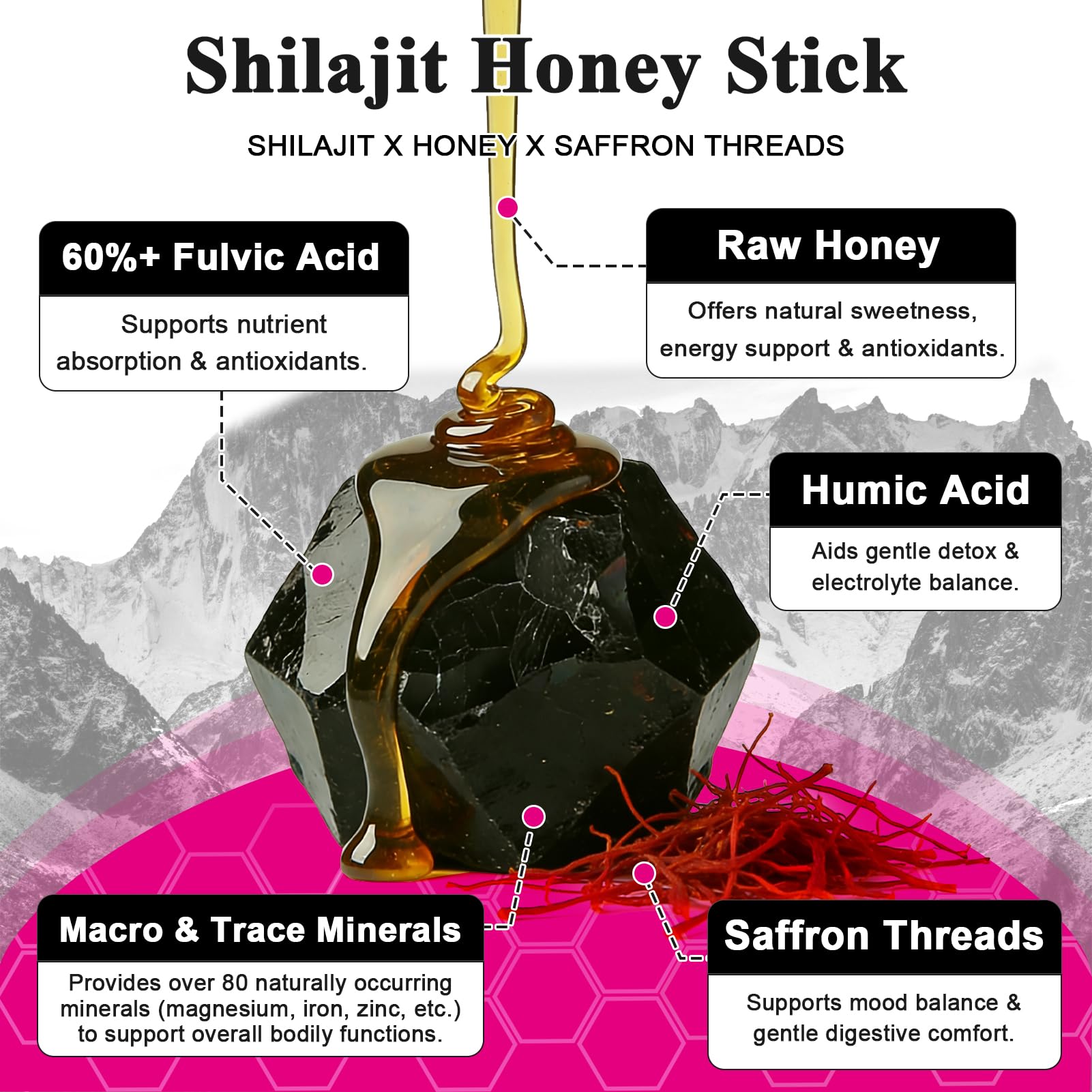 TongueClash Shilajit Honey Sticks mezcla de Shilajit, miel orgánica e hierbas para uso diario.
