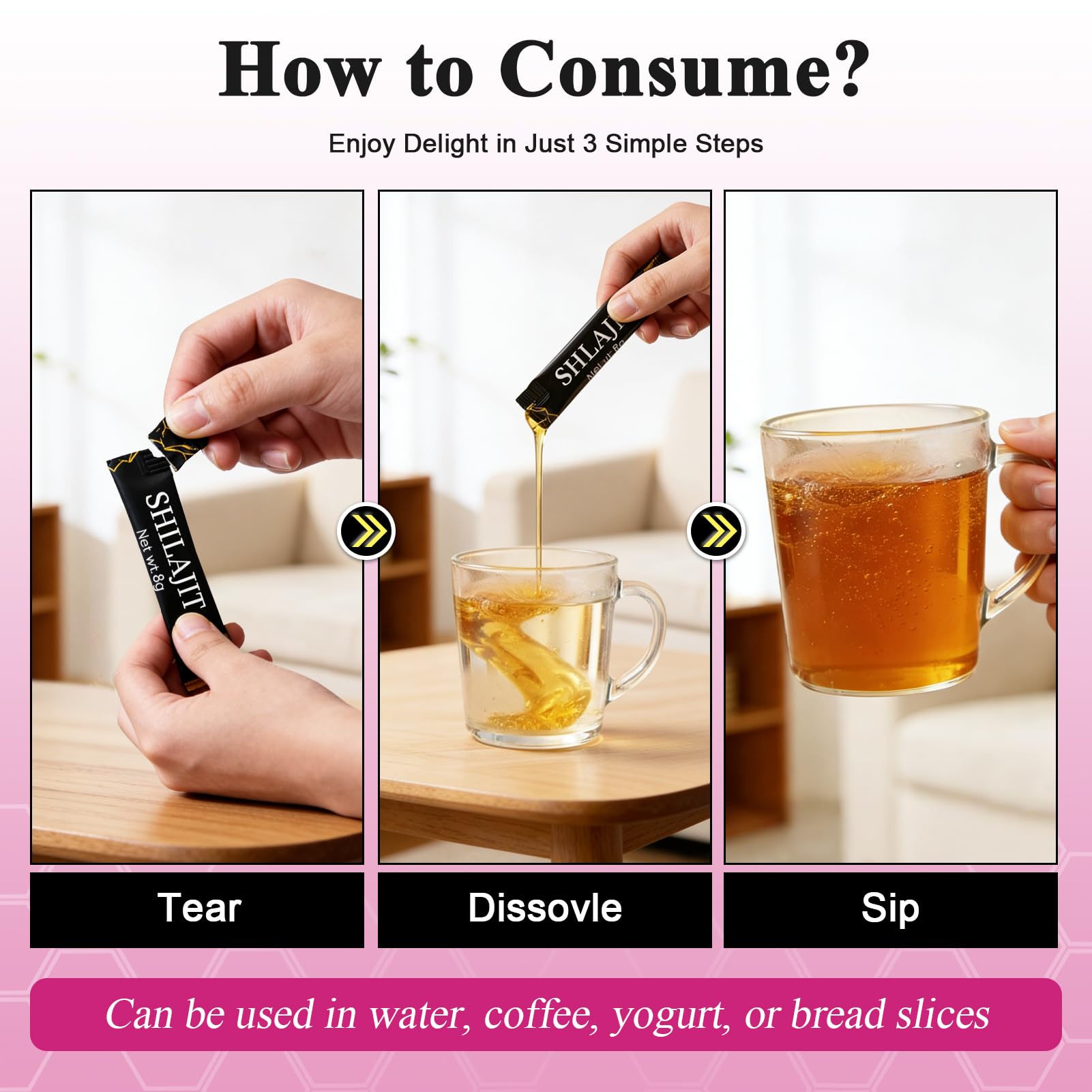 TongueClash Shilajit Honey Sticks textura suave de fresa con miel para disfrutar.
