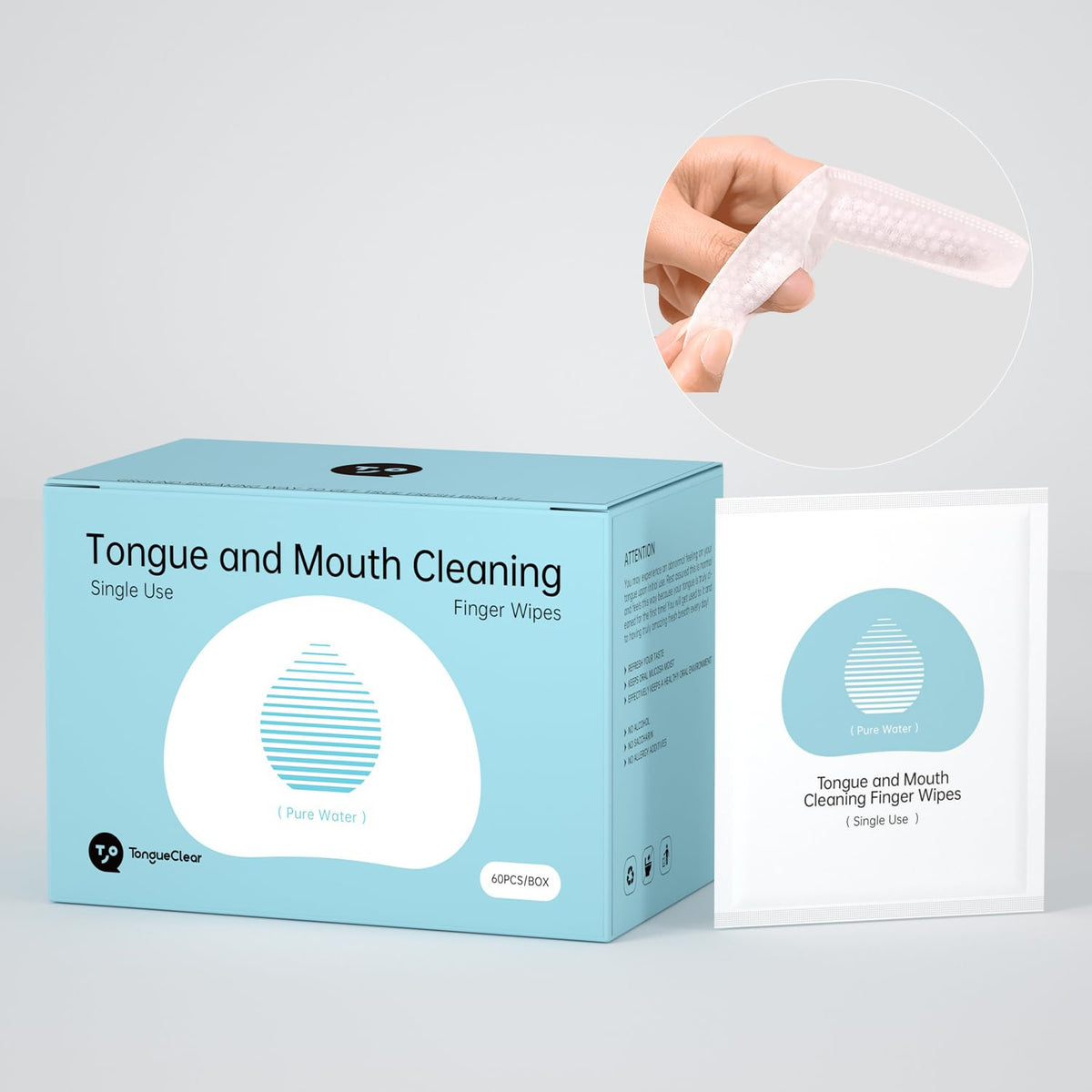 Tongueclear toallitas dedo dental, limpieza rápida de la boca sin cepillo.