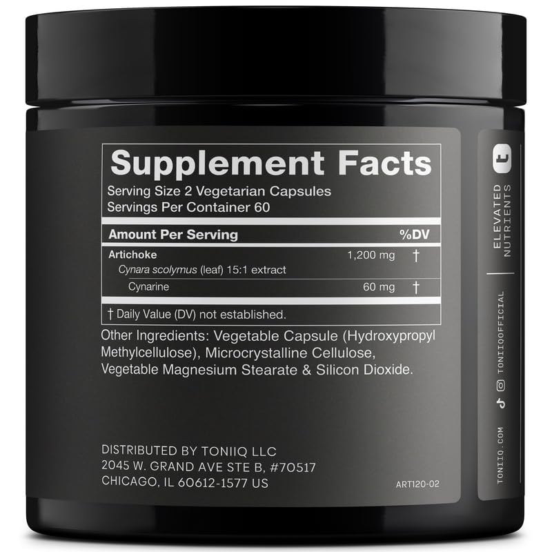 Toniiq Alcachofa 5% cynarina, cápsulas concentradas para bienestar digestivo.