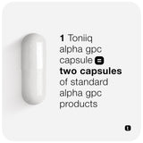 Toniiq Alpha GPC 600 mg, caja y frasco con presentación premium