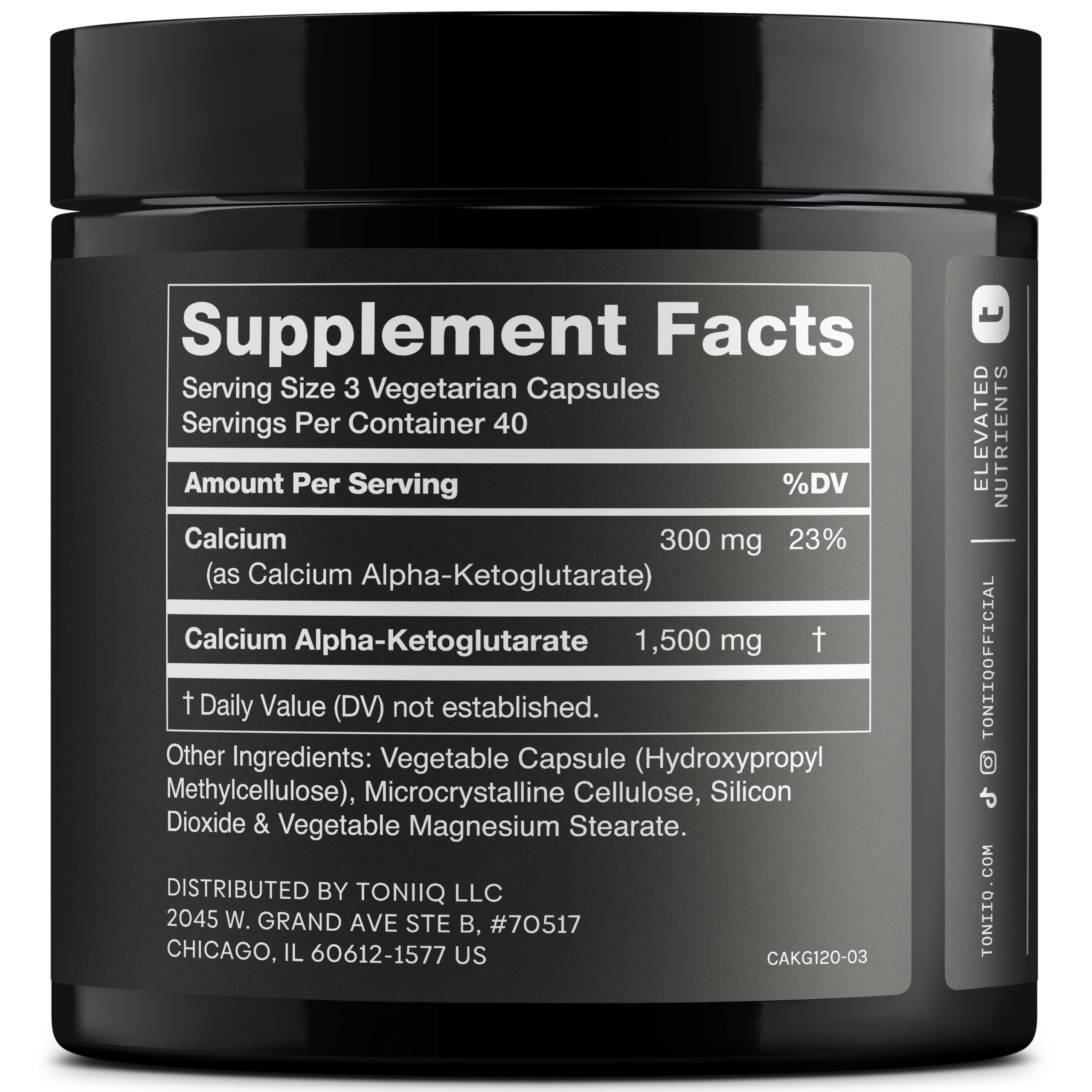 Toniiq Ca AKG cápsulas, dosis de 1500 mg para apoyo diario.