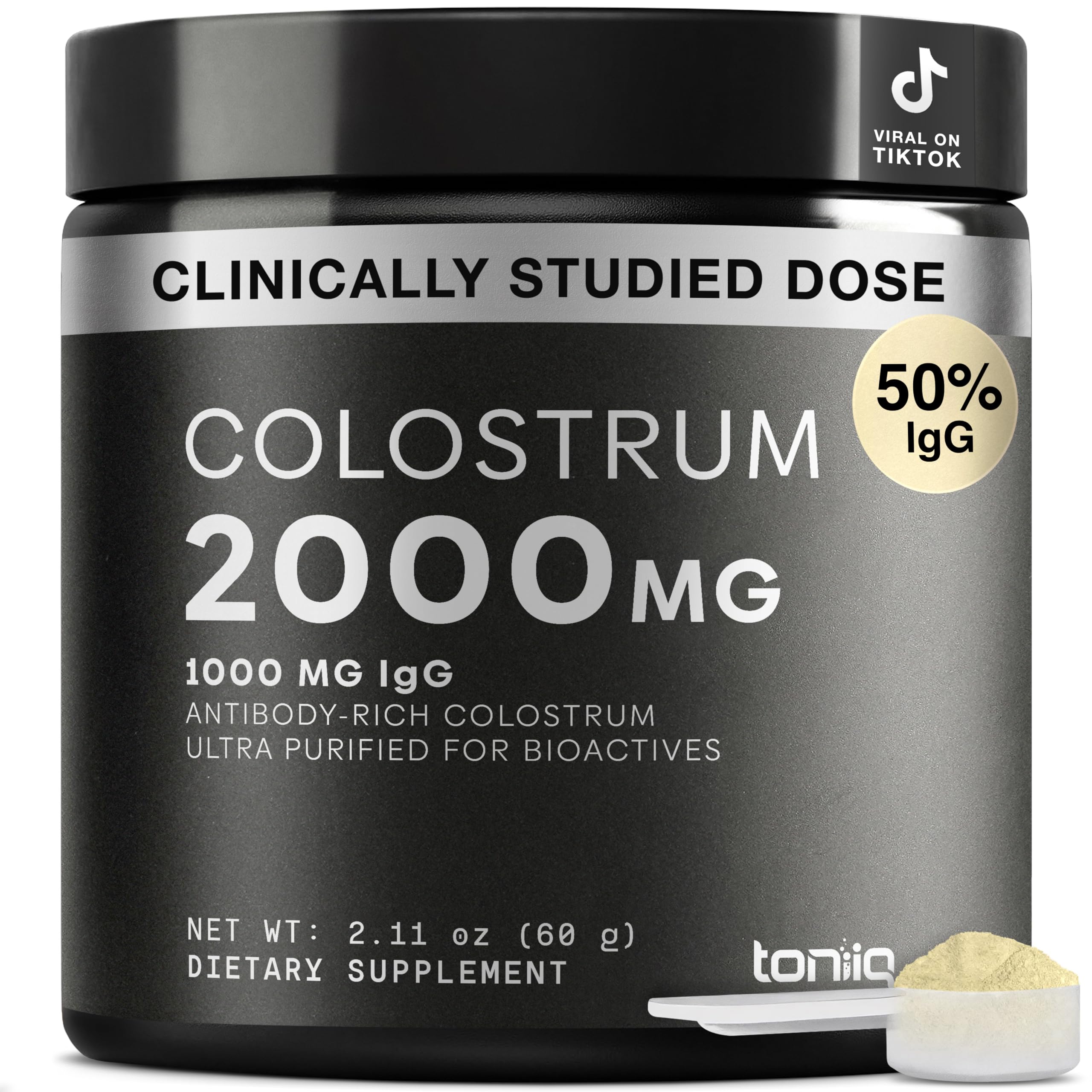 Toniiq Colostro bovino polvo en bote, apoyo a la salud intestinal y piel.