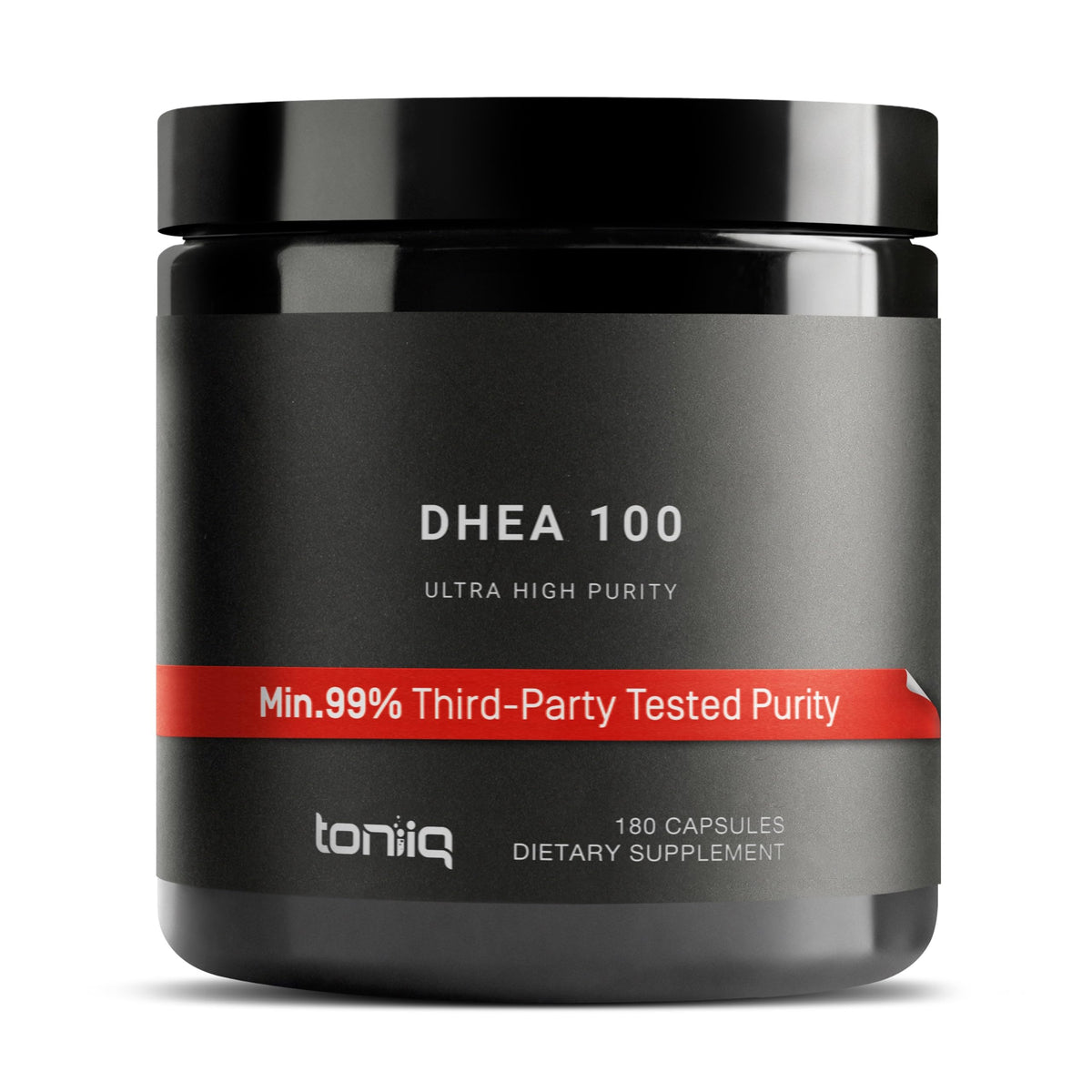 Toniiq DHEA 100 mg en botella: complemento diario para apoyo a la vitalidad y equilibrio hormonal.