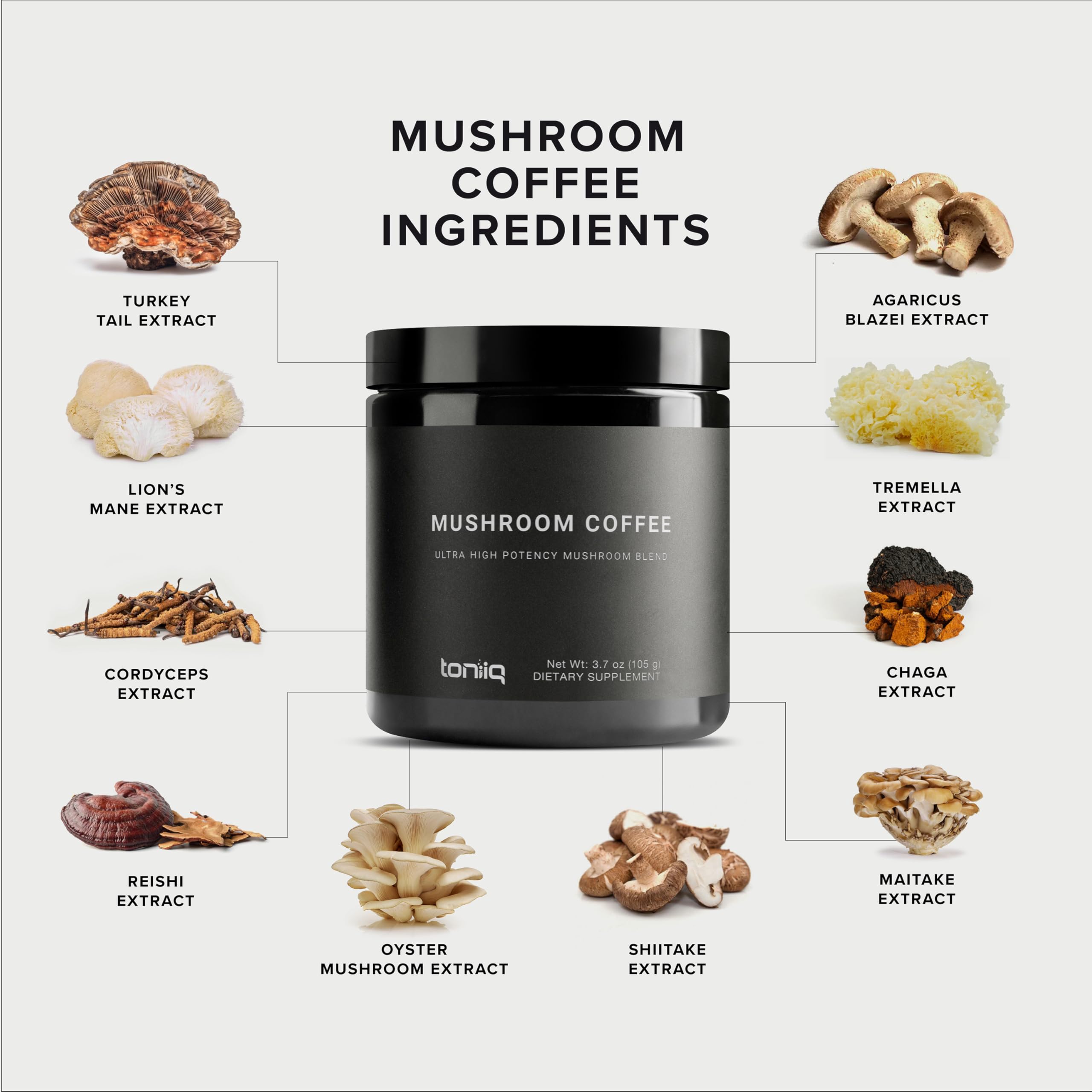 Toniiq Mushroom Coffee con granos colombianos, sabor auténtico y energía suave.