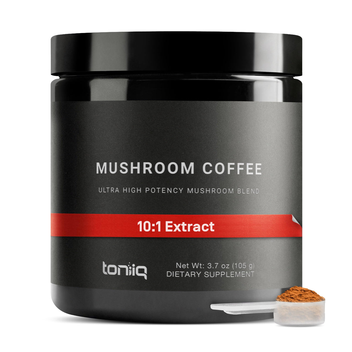 Toniiq Mushroom Coffee en taza para empezar el día con enfoque.
