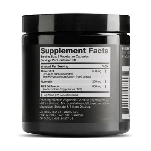 Toniiq Resveratrol: etiqueta brillante destaca pureza y calidad