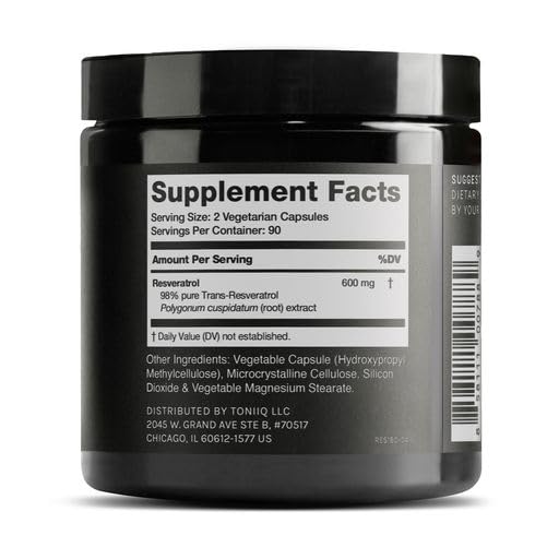Toniiq Resveratrol: etiqueta detallada que destaca la pureza del 98% trans-resveratrol.