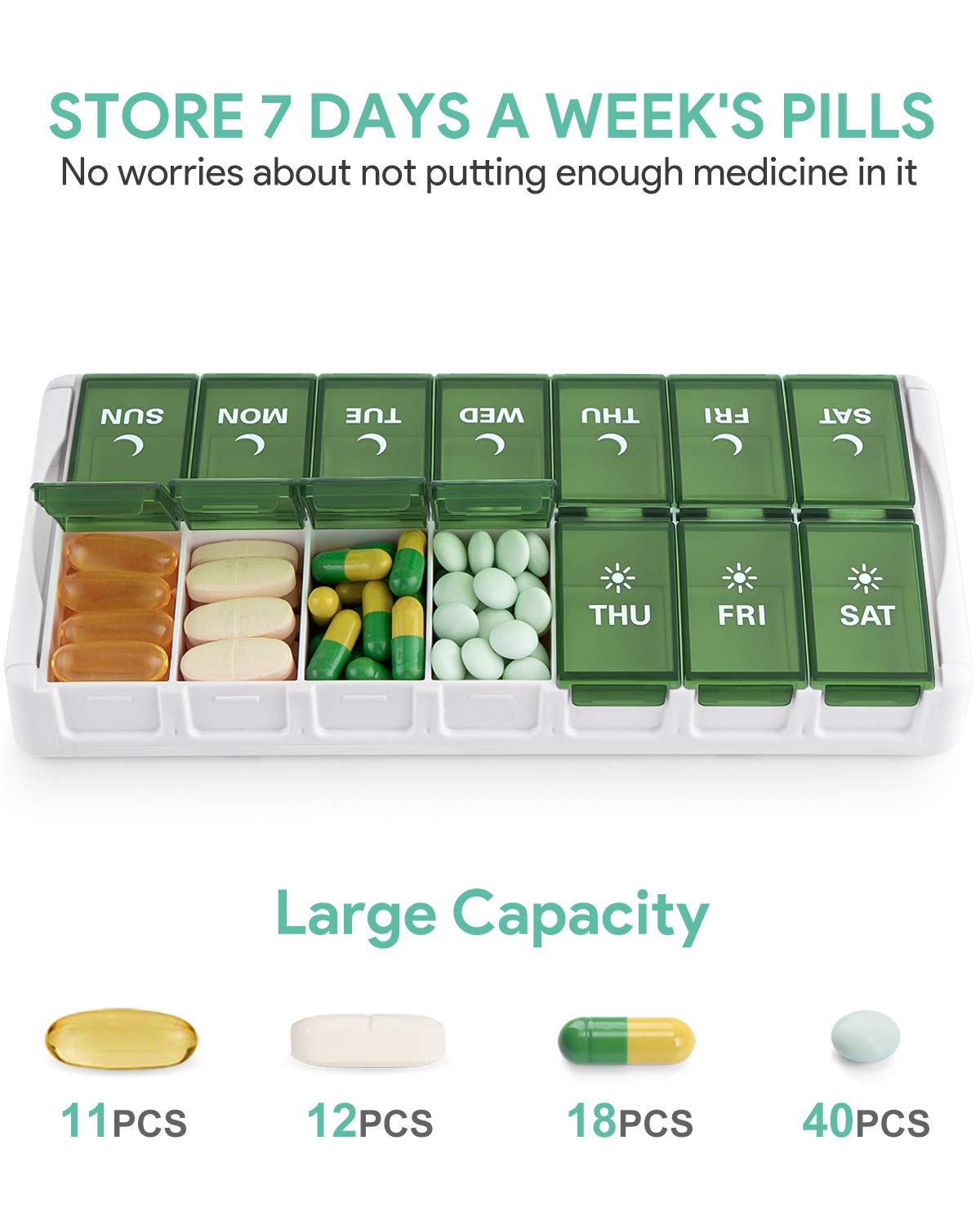 TookMag alta capacidad por compartimento para vitaminas y suplementos.