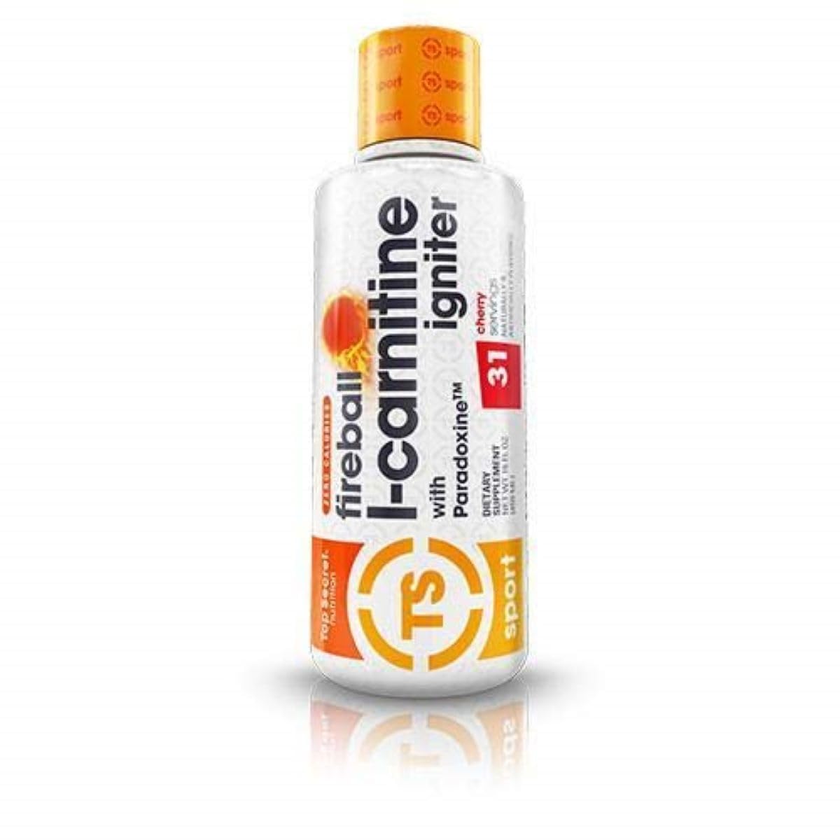 Top Secret Nutrition Fireball L-Carnitina: botella derramando para energía rápida durante entreno.