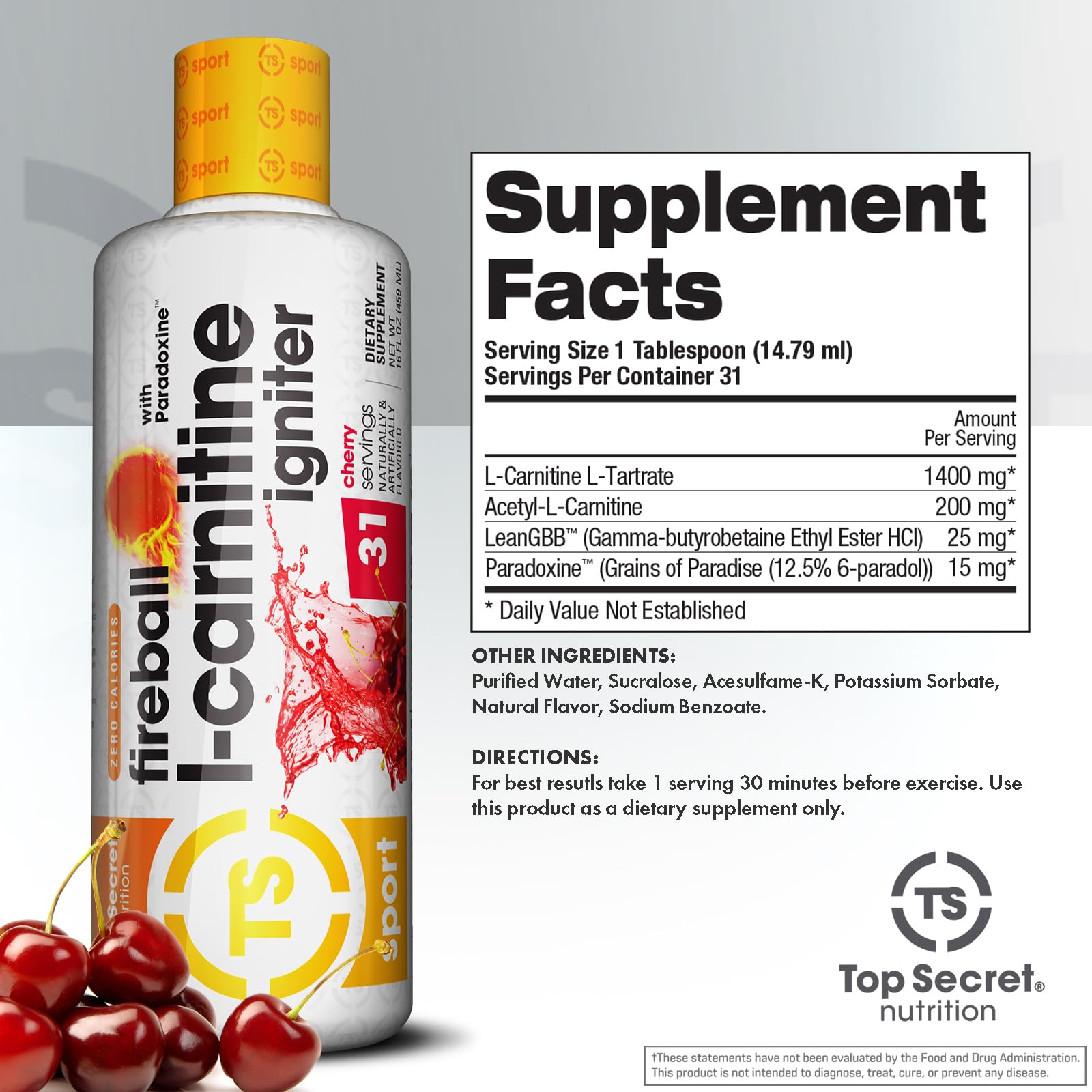 Top Secret Nutrition Fireball L-Carnitina: etiqueta Paradoxine resaltada para enfoque.