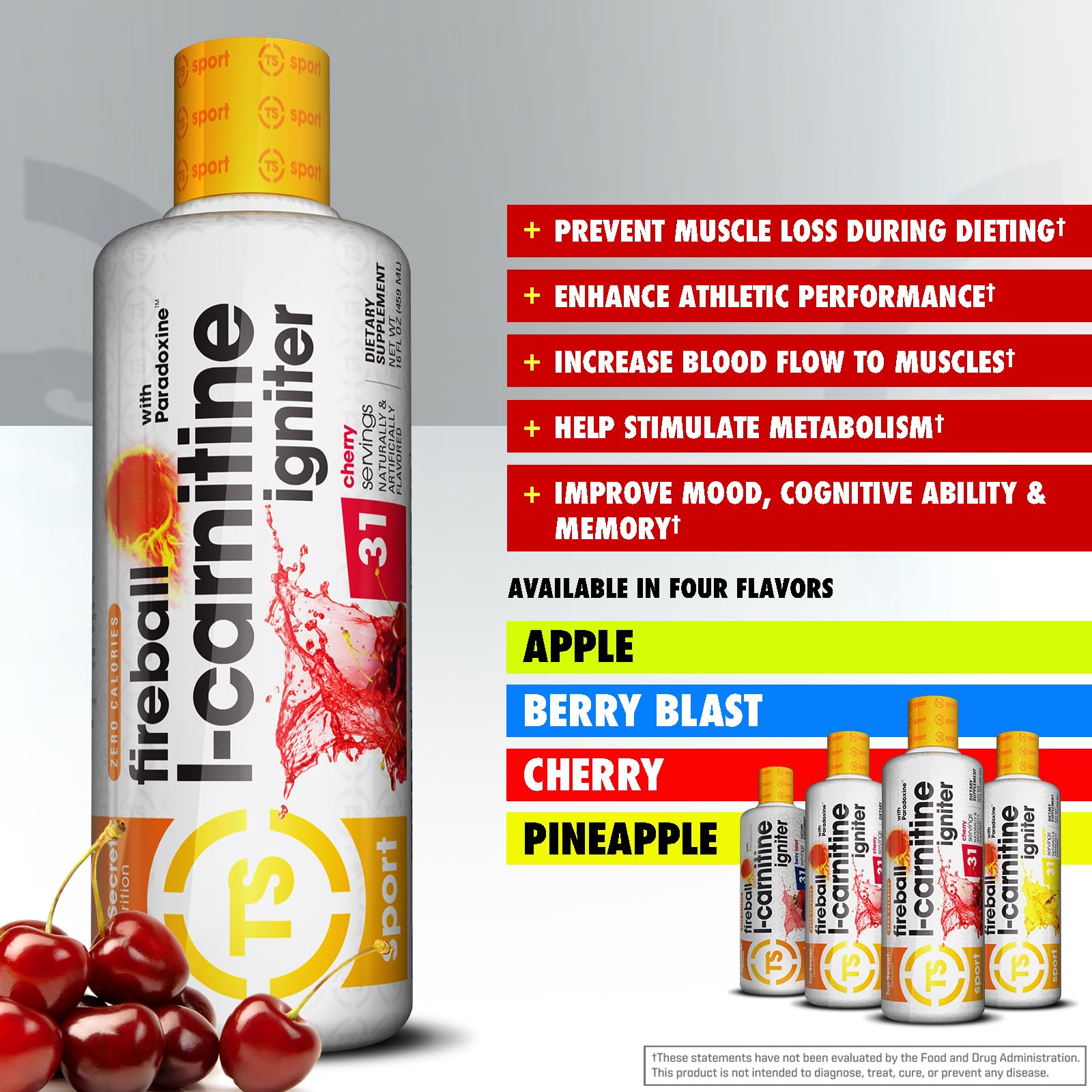 Top Secret Nutrition Fireball L-Carnitina: sabor cereza perfecto para pre-entrenamiento.