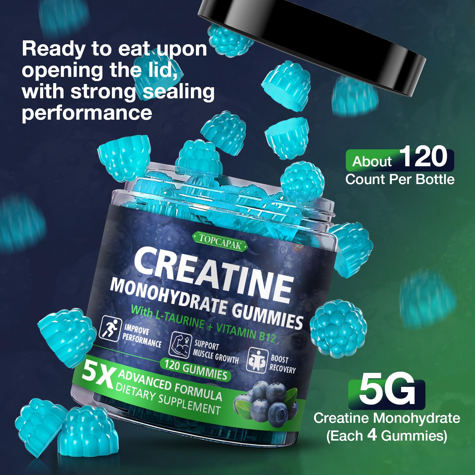 Topcapak Creatine Gummies: sabor agradable evita polvo, ideal para consumo diario.