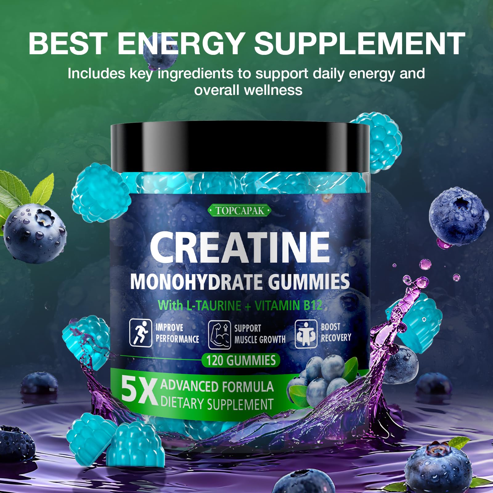 Topcapak Creatine Gummies: envase reutilizable, perfecto para llevar al gimnasio.