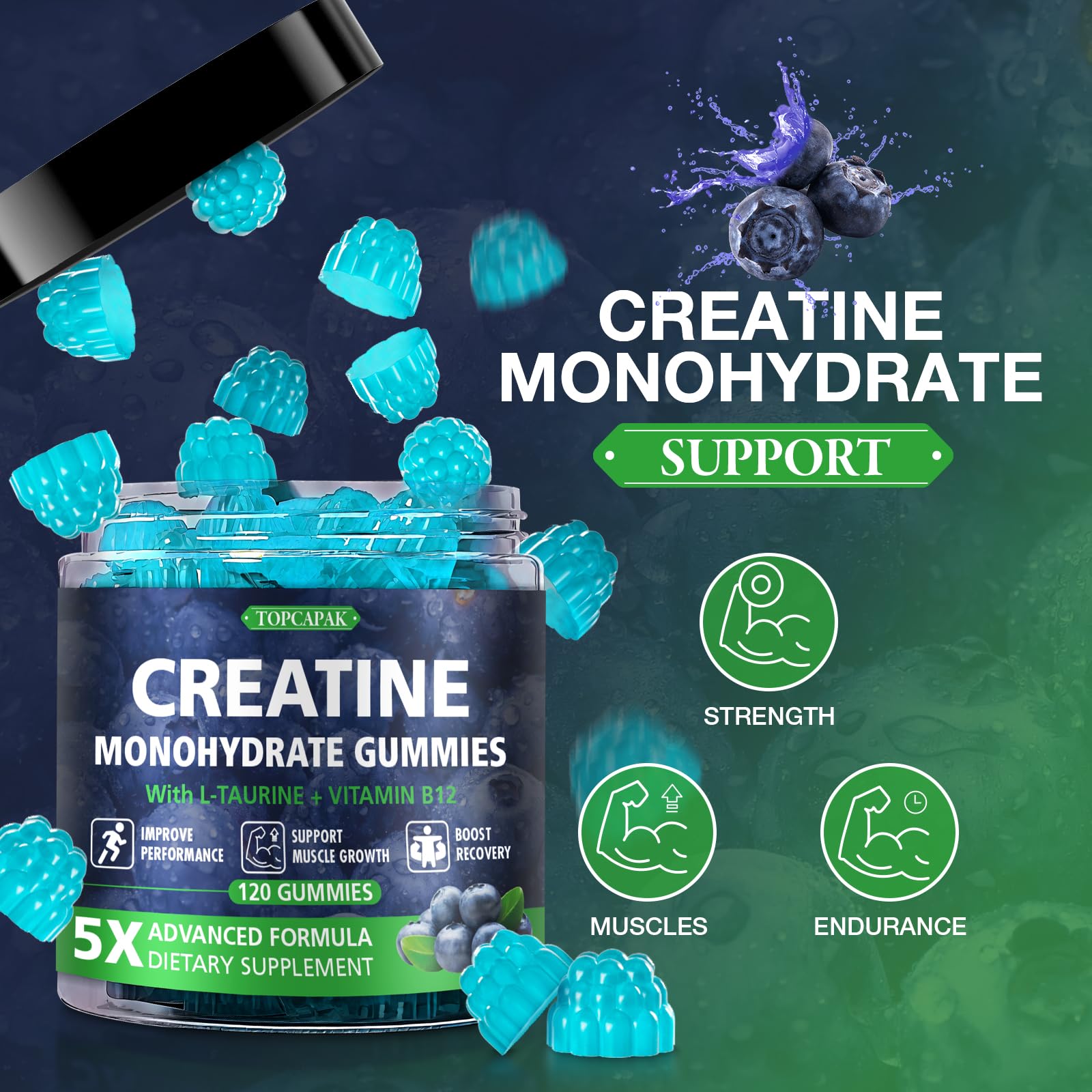 Topcapak Creatine Gummies: forma frambuesa, masticables durante sesiones intensas.