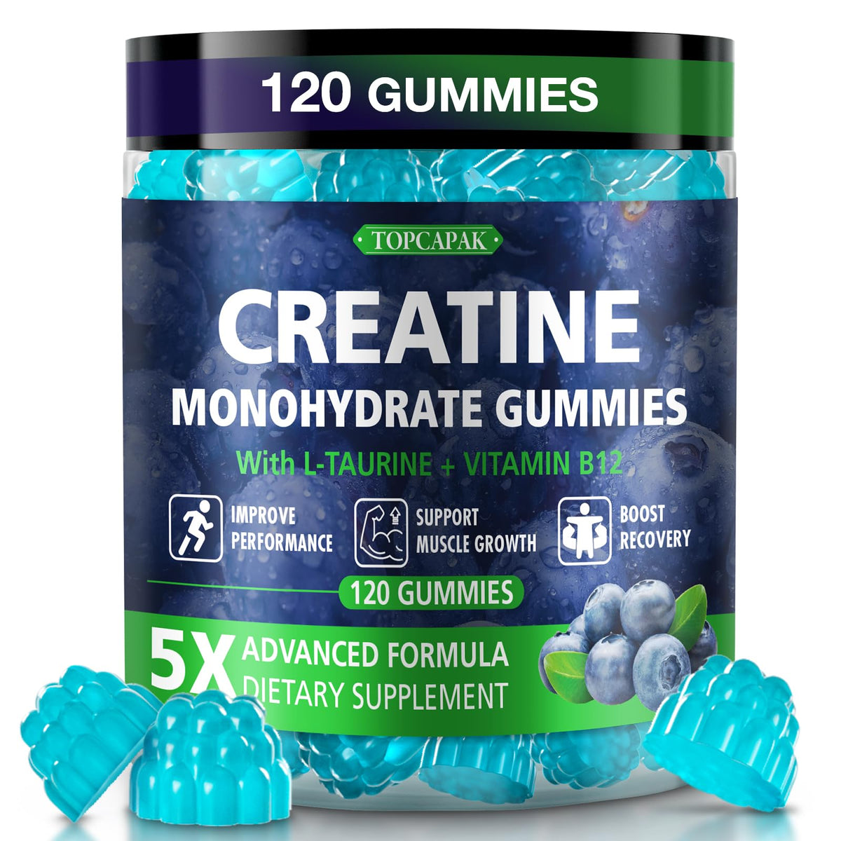 Topcapak Creatine Gummies: sabor arándano para entrenar con gusto y constancia.