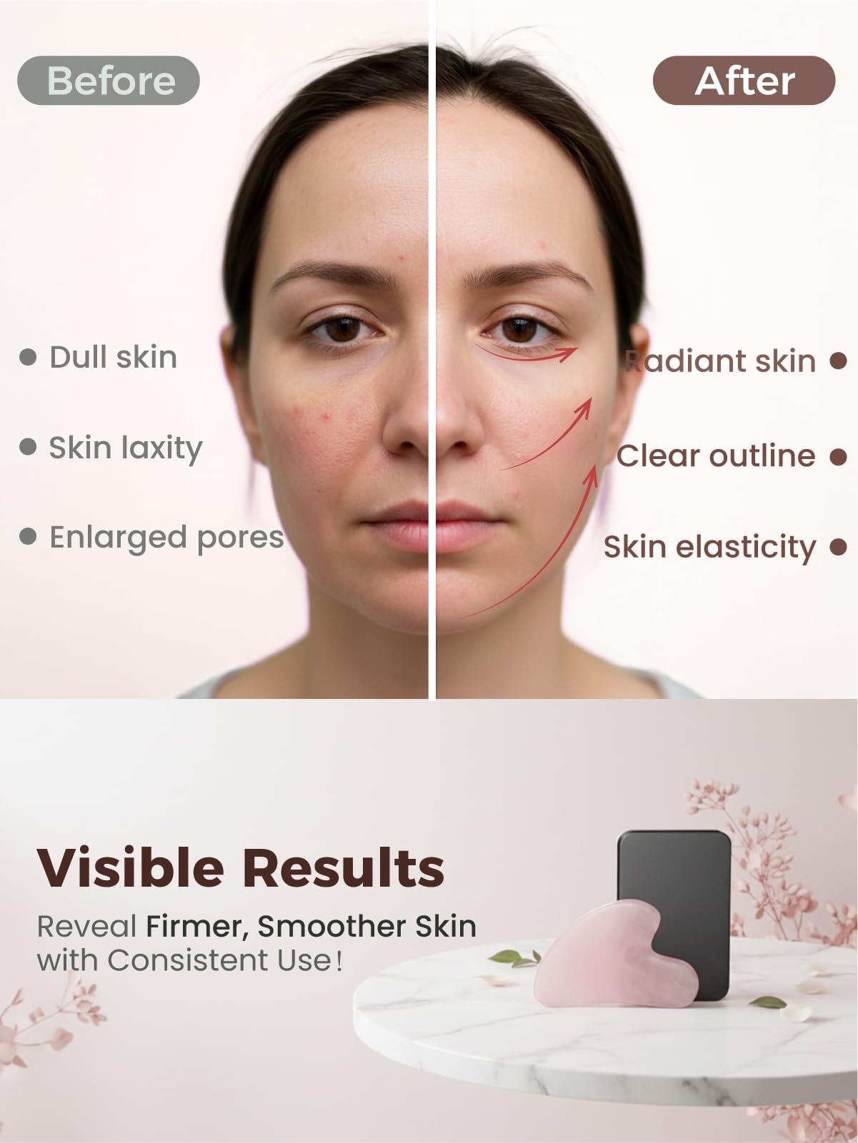 tophld gua-sha escultura facial rosa: experiencia de masaje calmante y rejuvenecedora.